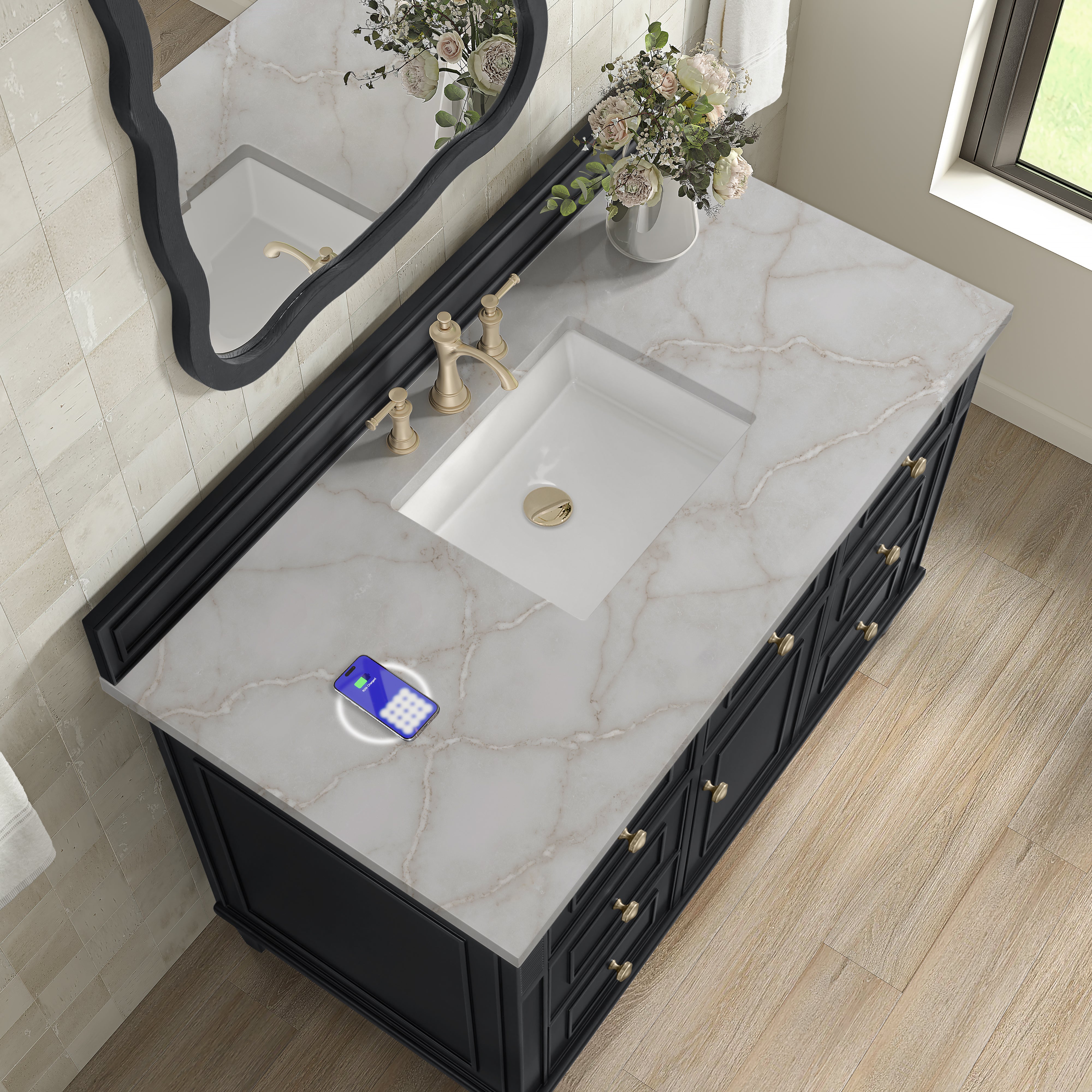 James Martin Lorelai 48" Single Vanity in Black Onyx with 3cm Countertop and FreePower Wireless Charger