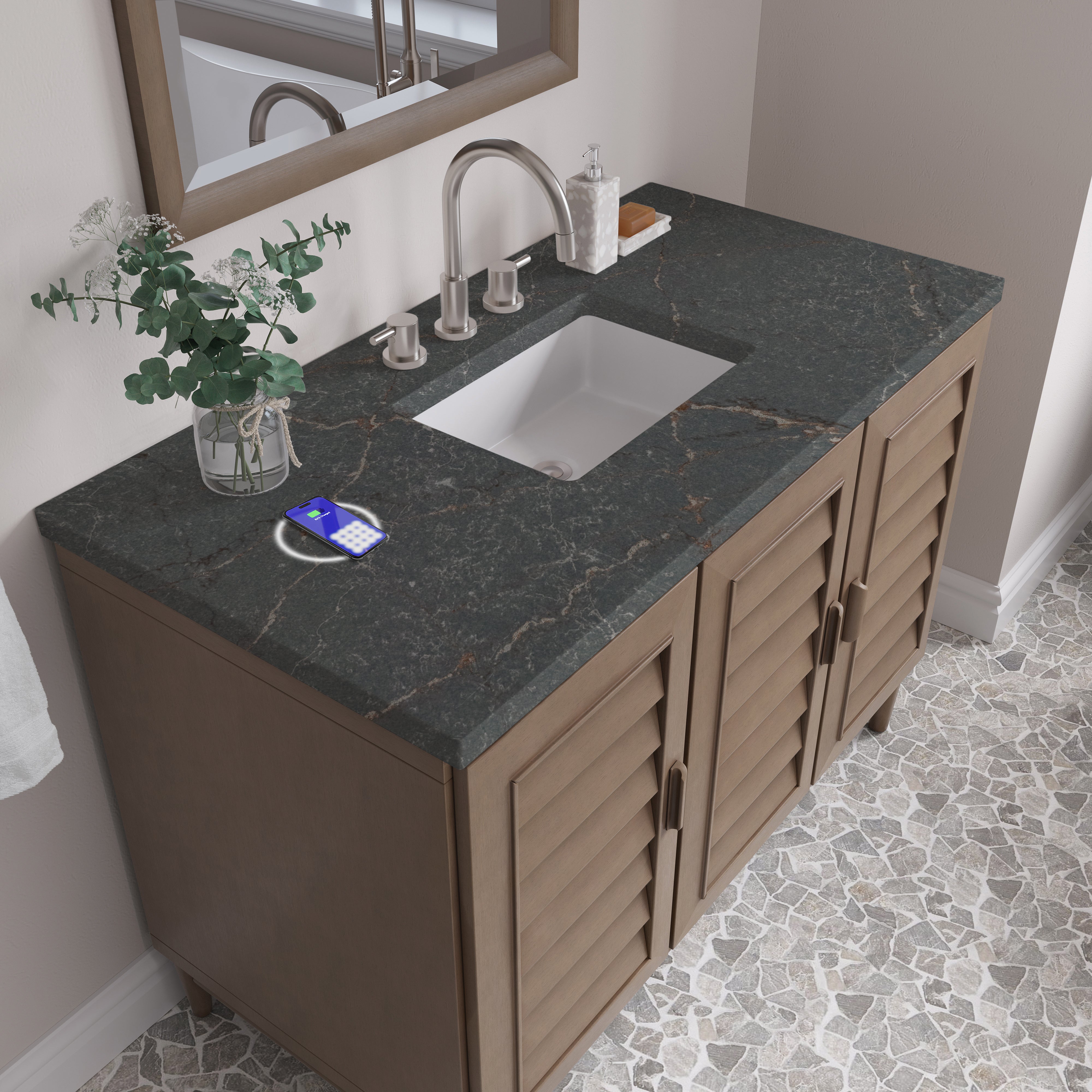 James Martin Portland 48" Single Vanity in Whitewashed Walnut with 3cm Countertop and FreePower Wireless Charger