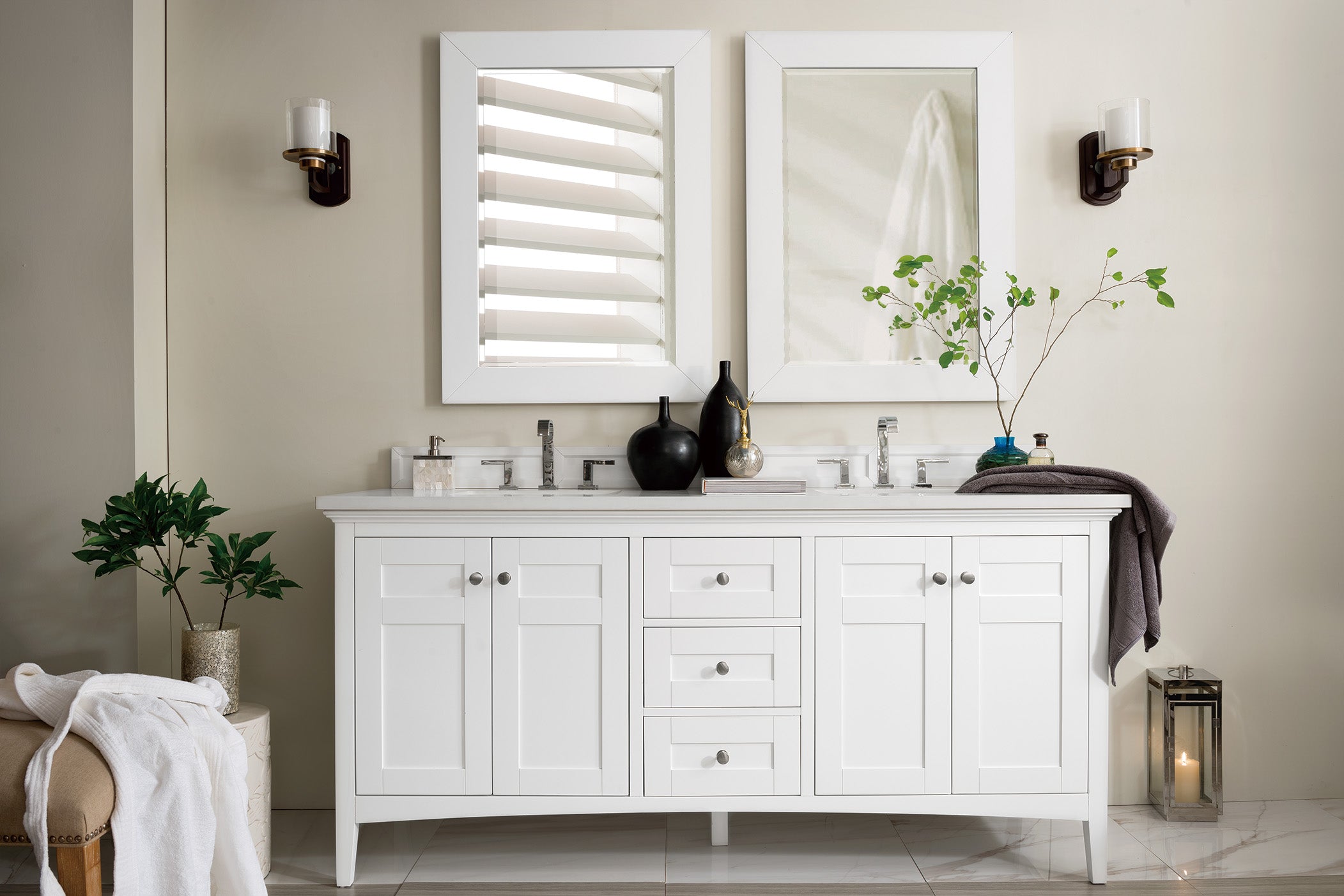 James Martin Palisades 72" Double Vanity in Bright White with 3cm Countertop