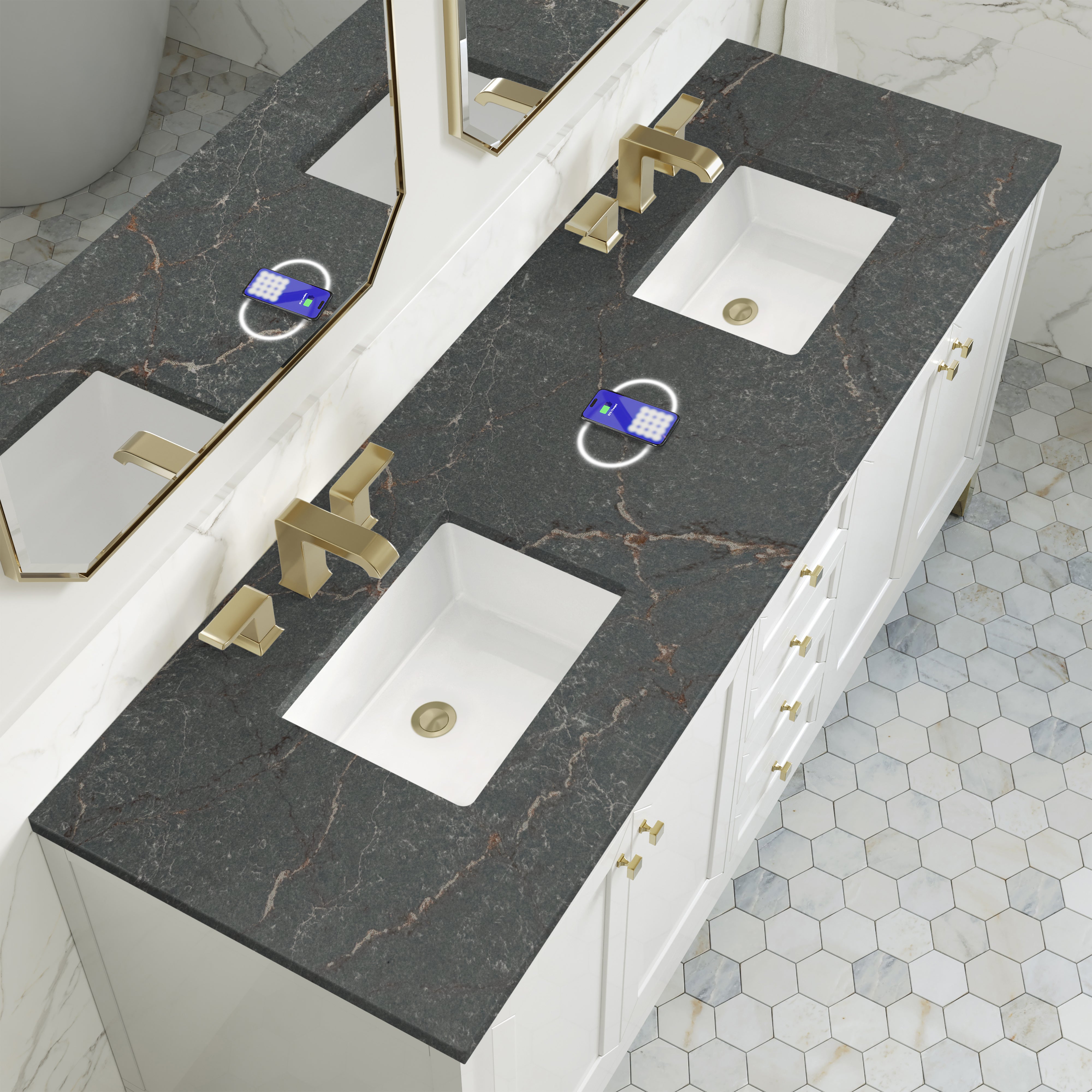 James Martin Chicago 72" Double Vanity in Glossy White with 3cm Countertop and FreePower Wireless Charger