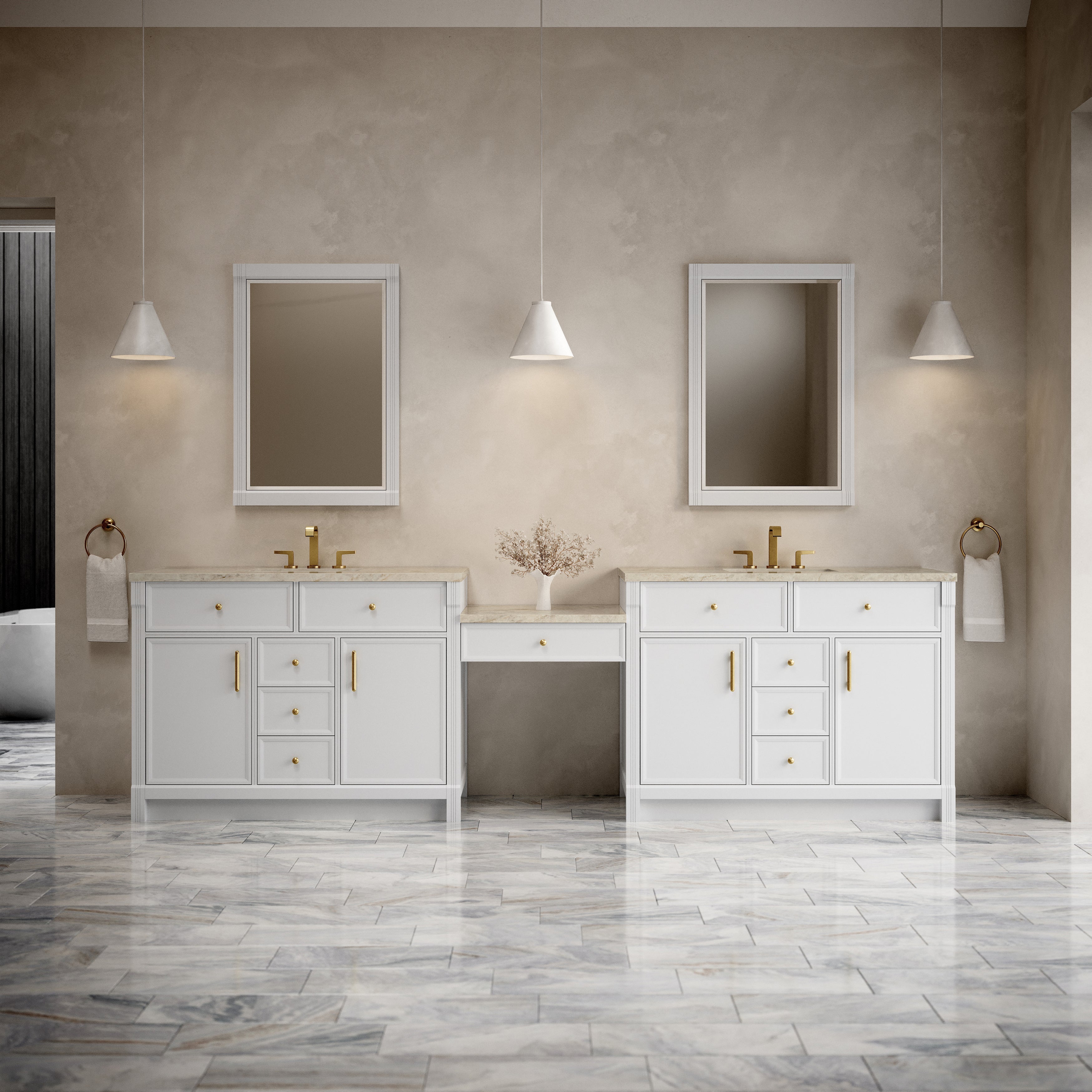 James Martin Bellshire 120" Dual Vanity Set with 24" Make-Up Counter in Bright White with 3cm Countertop