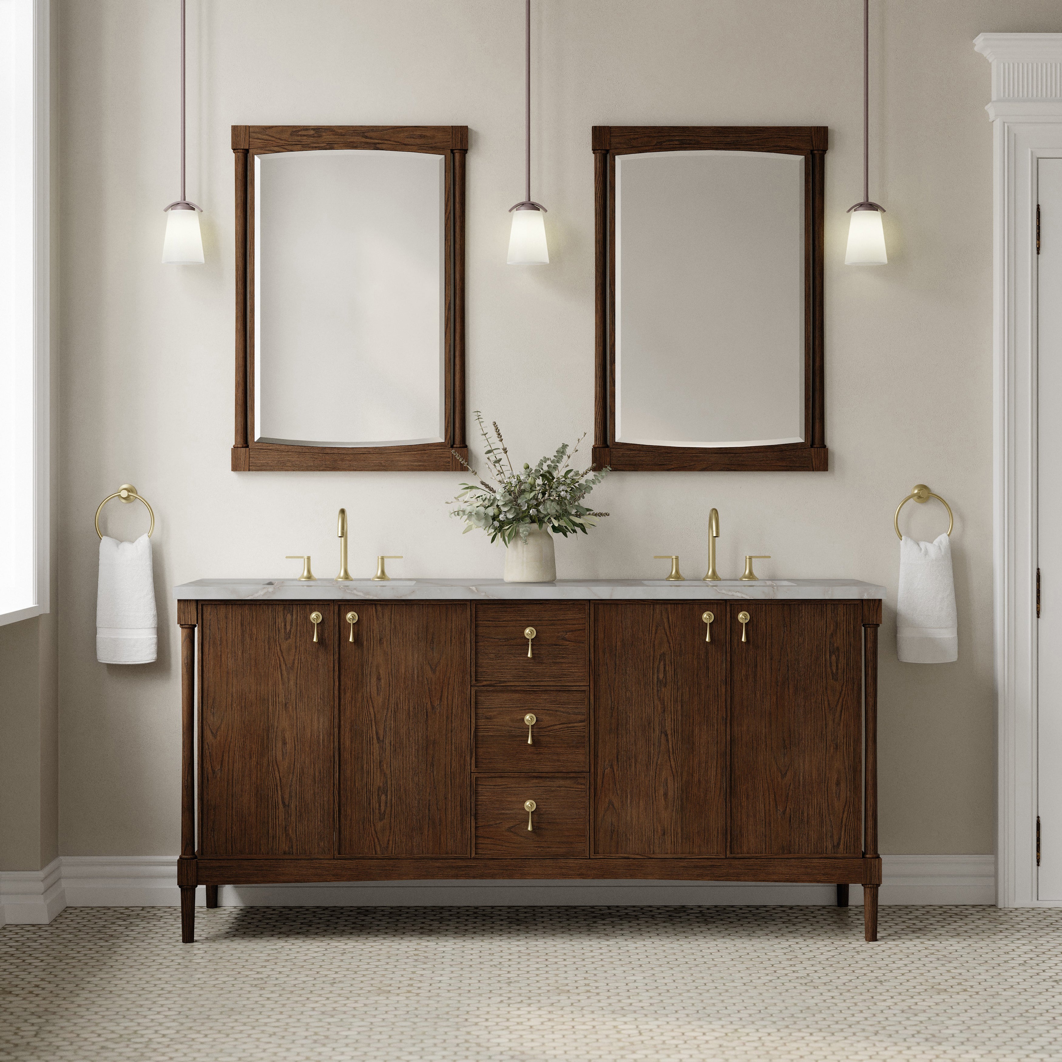 James Martin Kinnsden 72" Double Vanity in Sable Oak with 3cm Carrara Marble Top