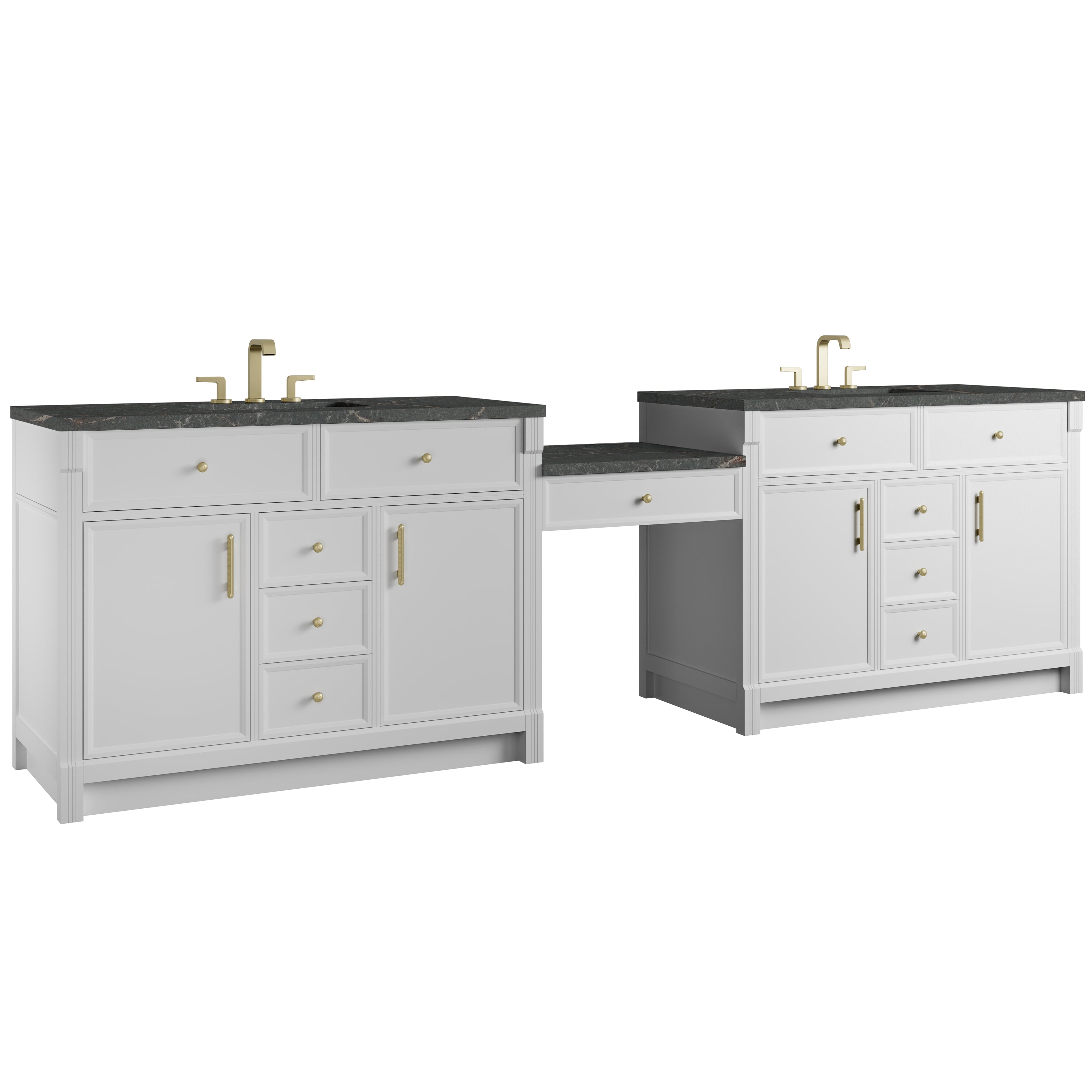 James Martin Bellshire 120" Dual Vanity Set with 24" Make-Up Counter in Bright White with 3cm Countertop and FreePower Wireless Charger