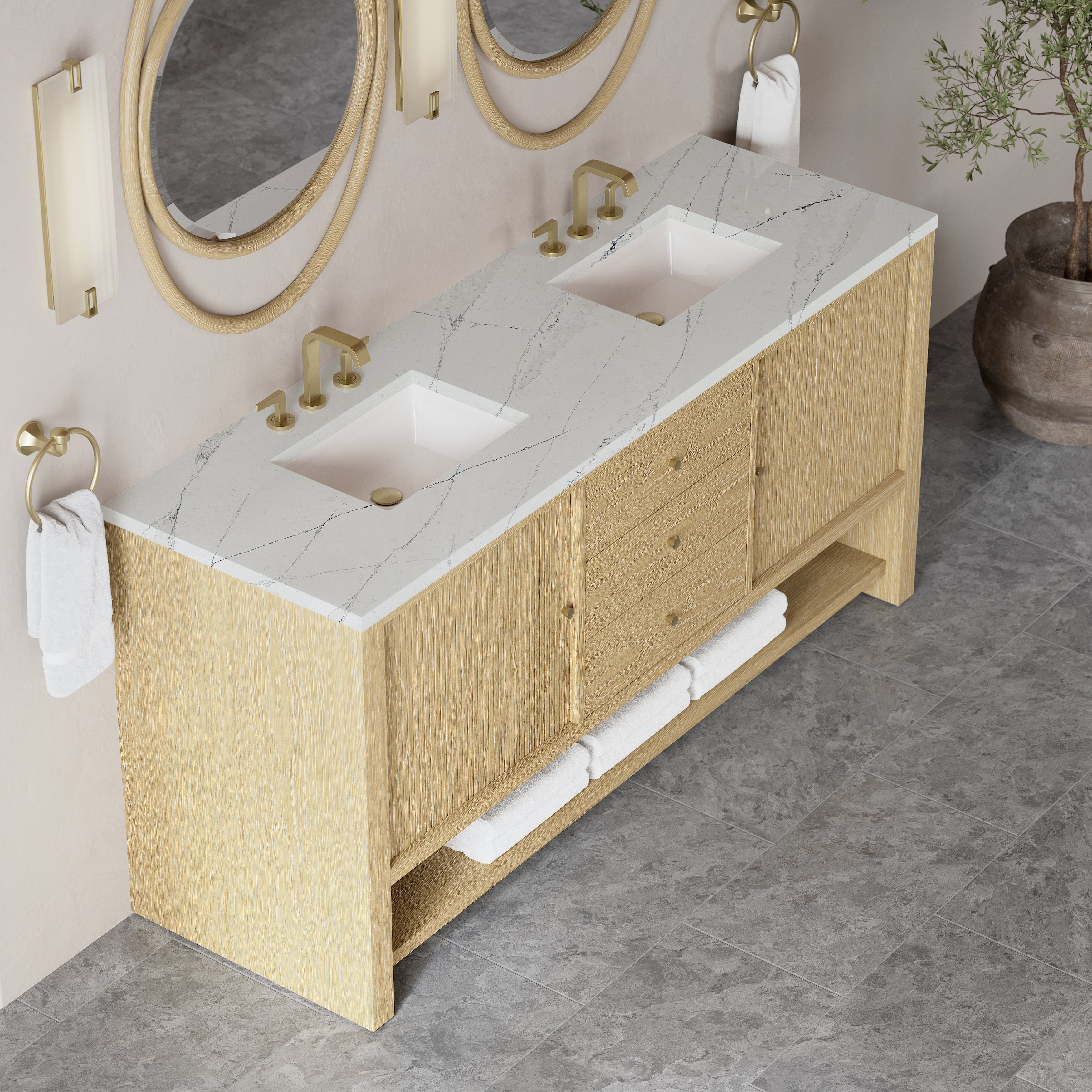 James Martin Marigot 72" Double Vanity in Sunwashed Oak with 3cm Countertop and FreePower Wireless Charger