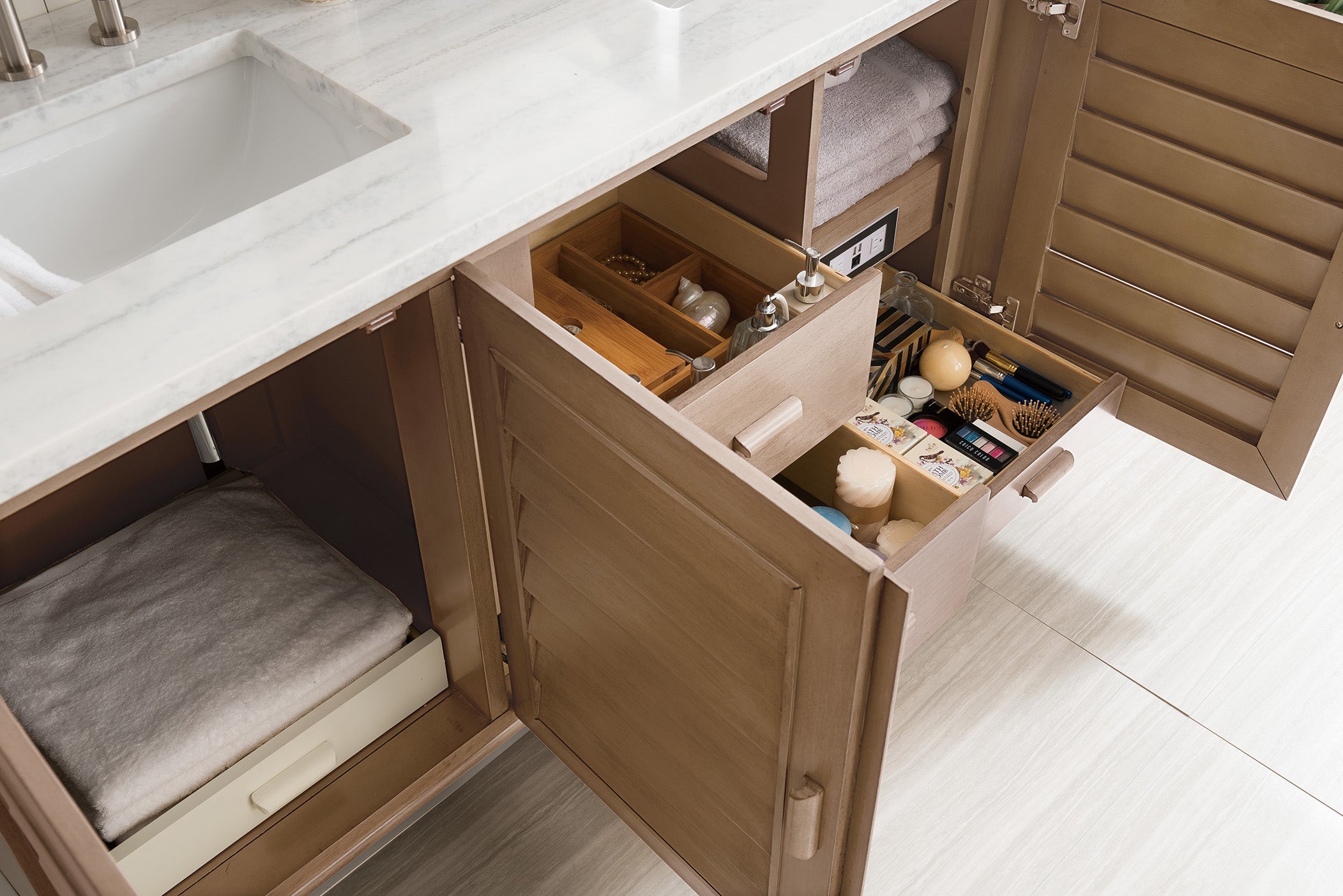 James Martin Portland 60" Double Vanity in Whitewashed Walnut with 3cm Countertop