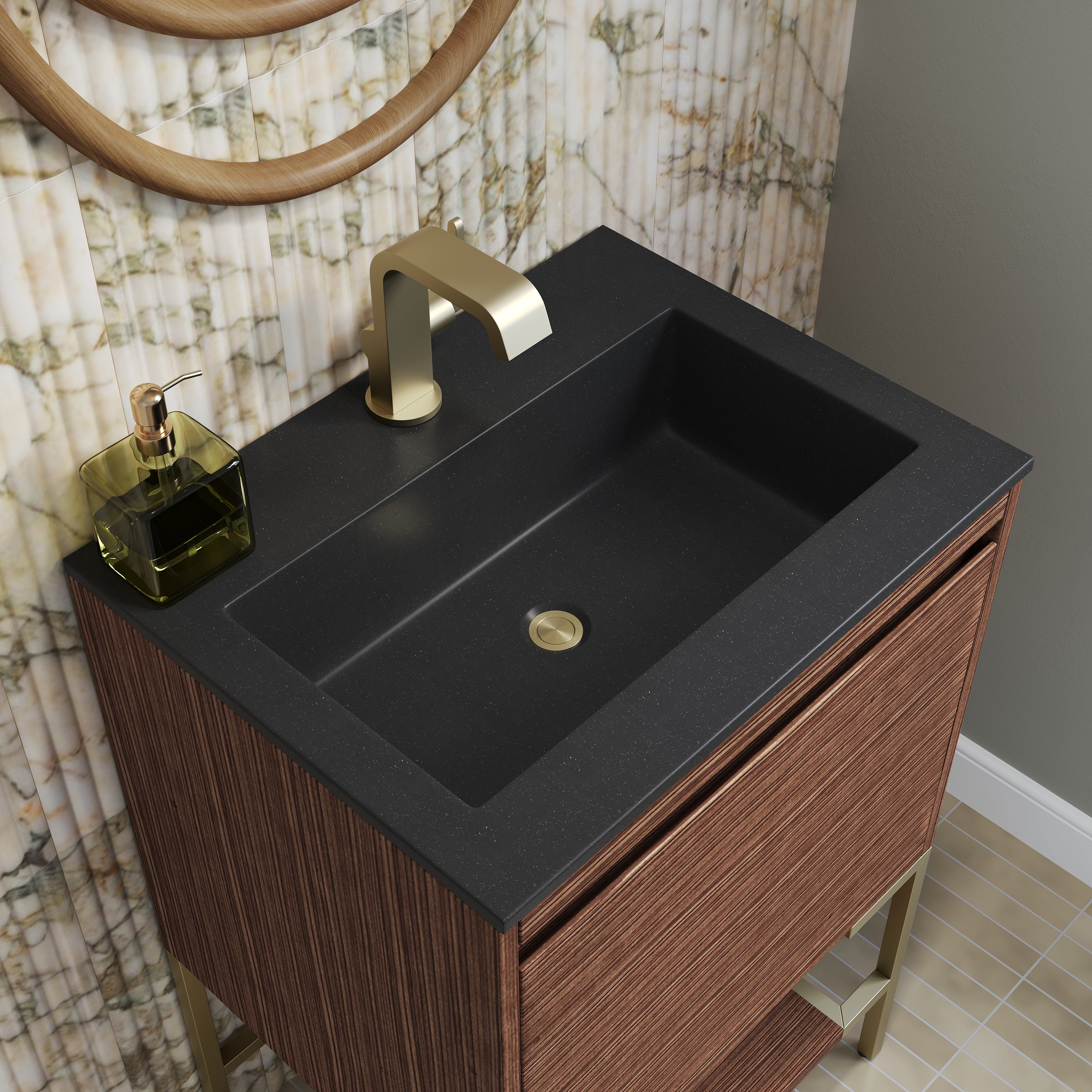 James Martin Mantova 23.6" Single Vanity, Mid-Century Walnut, Champagne Brass Base with Charcoal Black Composite Stone Top