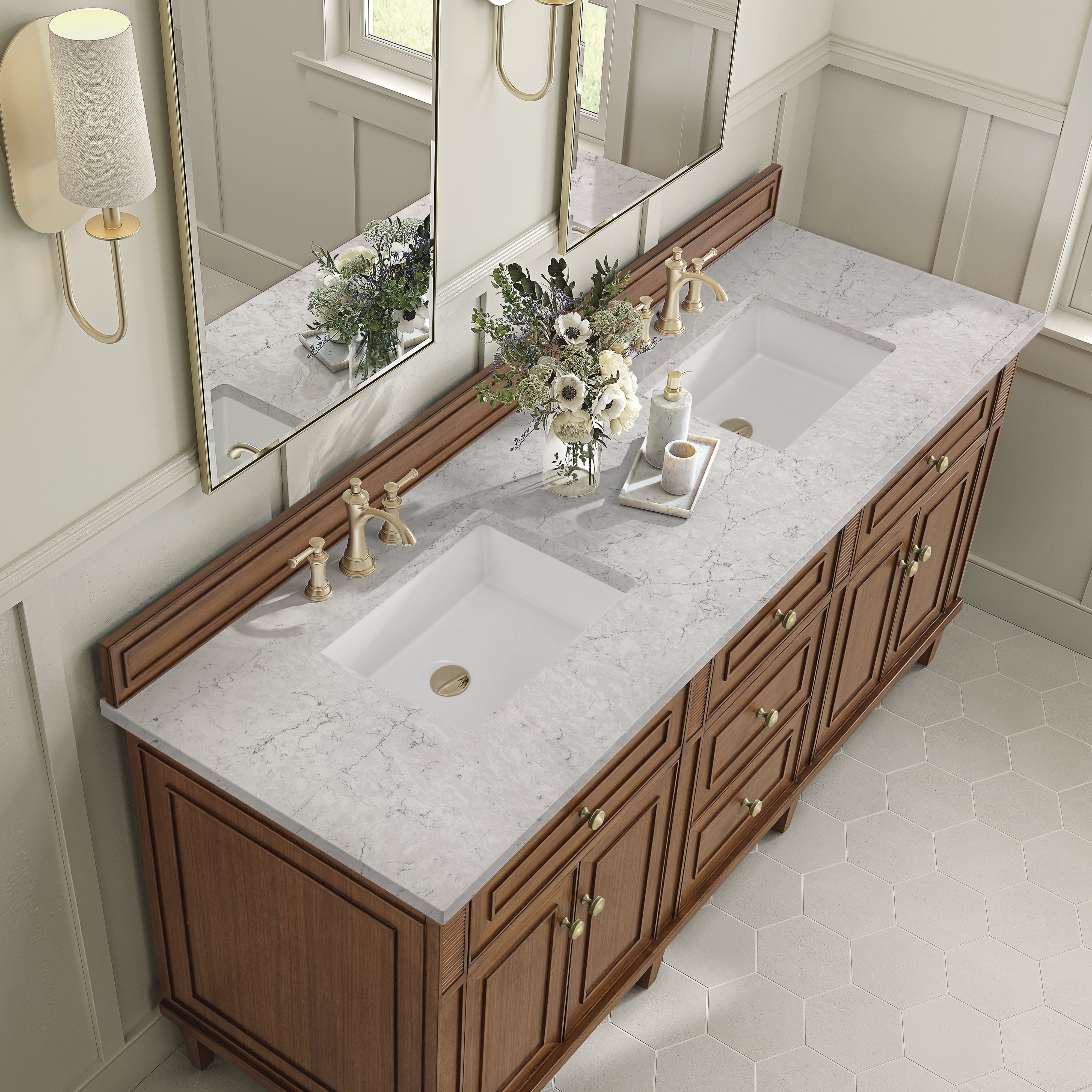 James Martin Lorelai 72"Double Vanity in Mid-Century Walnut with 3cm Countertop