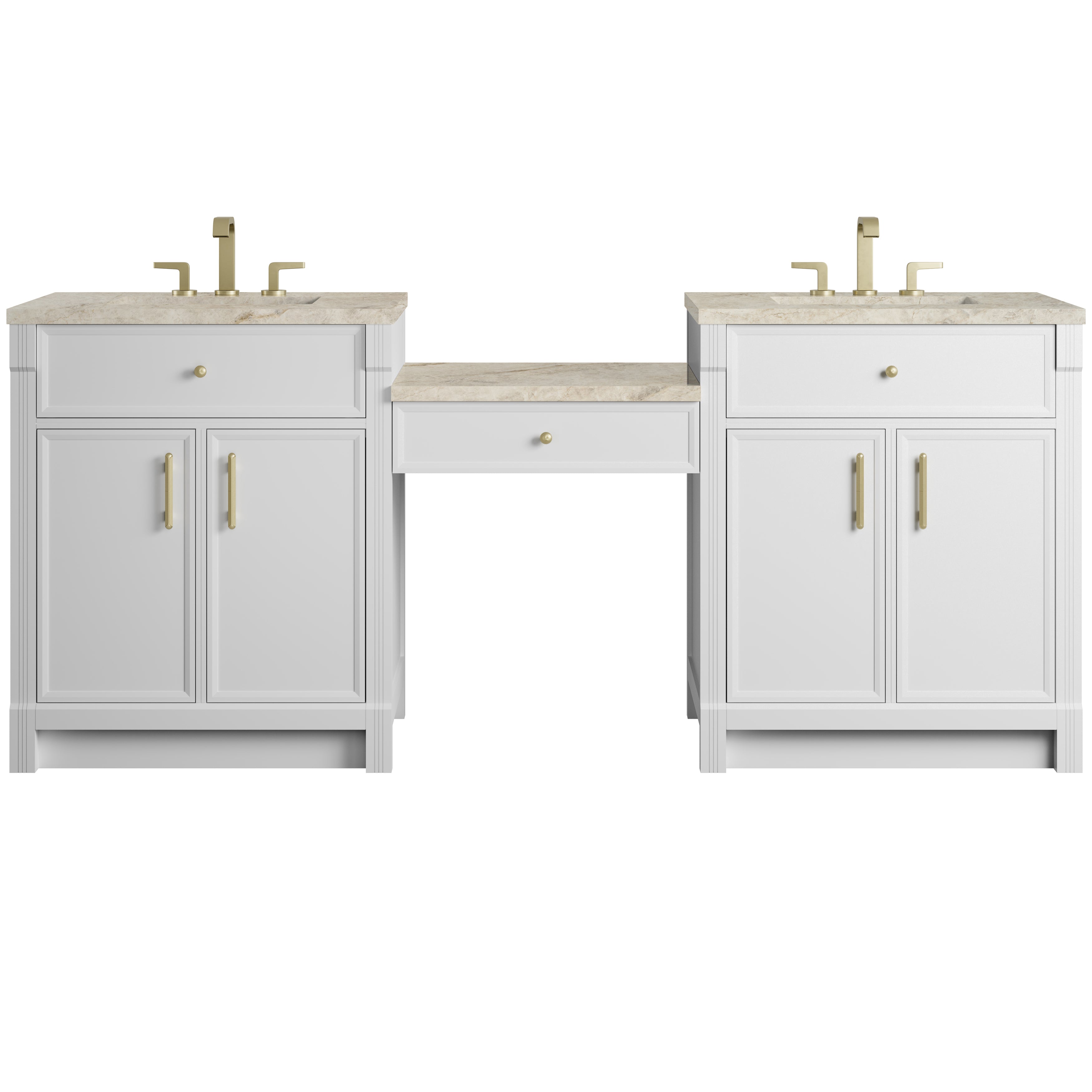 James Martin Bellshire 84" Dual Vanity Set with 24" Make-Up Counter in Bright White with 3cm Countertop