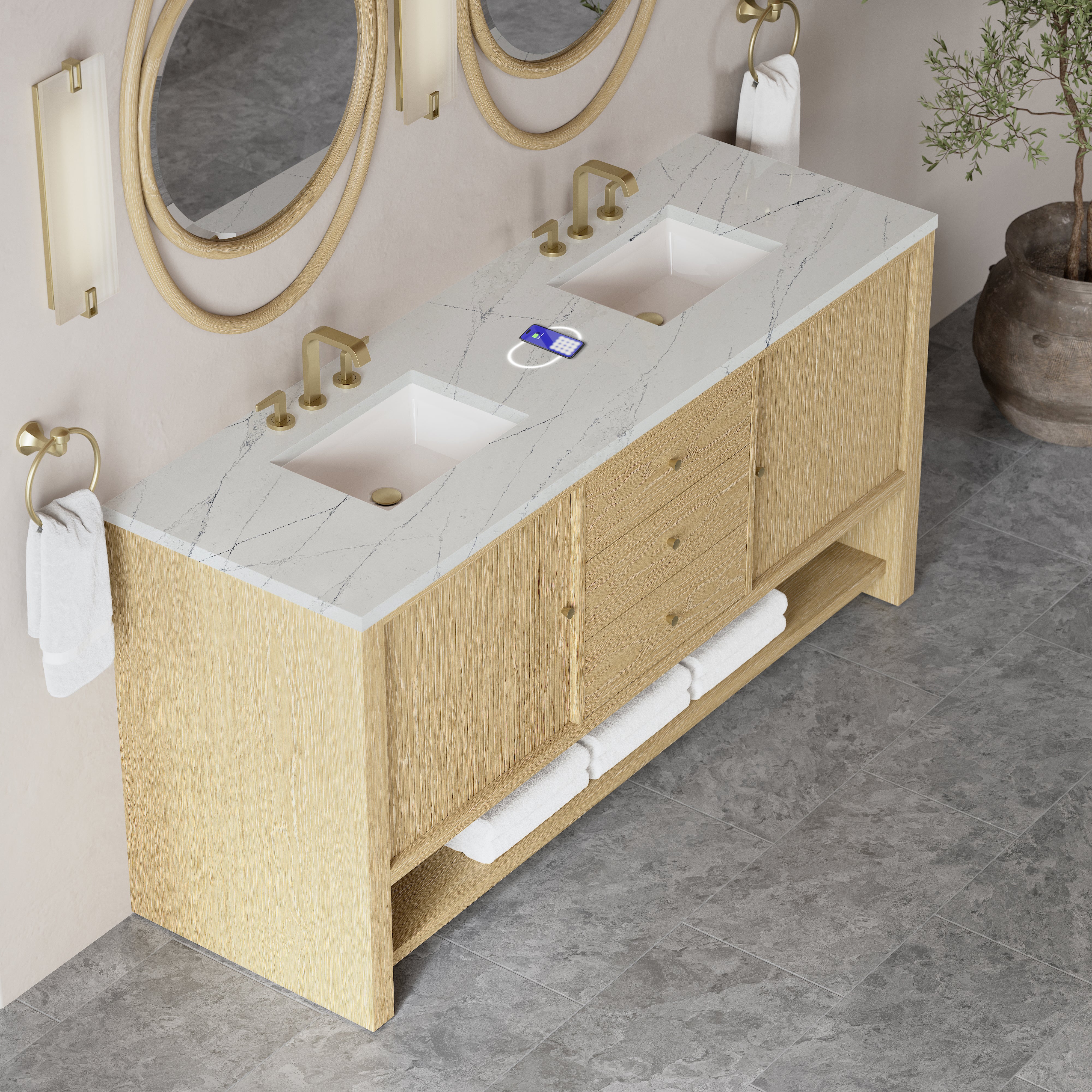 James Martin Marigot 72" Double Vanity in Sunwashed Oak with 3cm Countertop and FreePower Wireless Charger