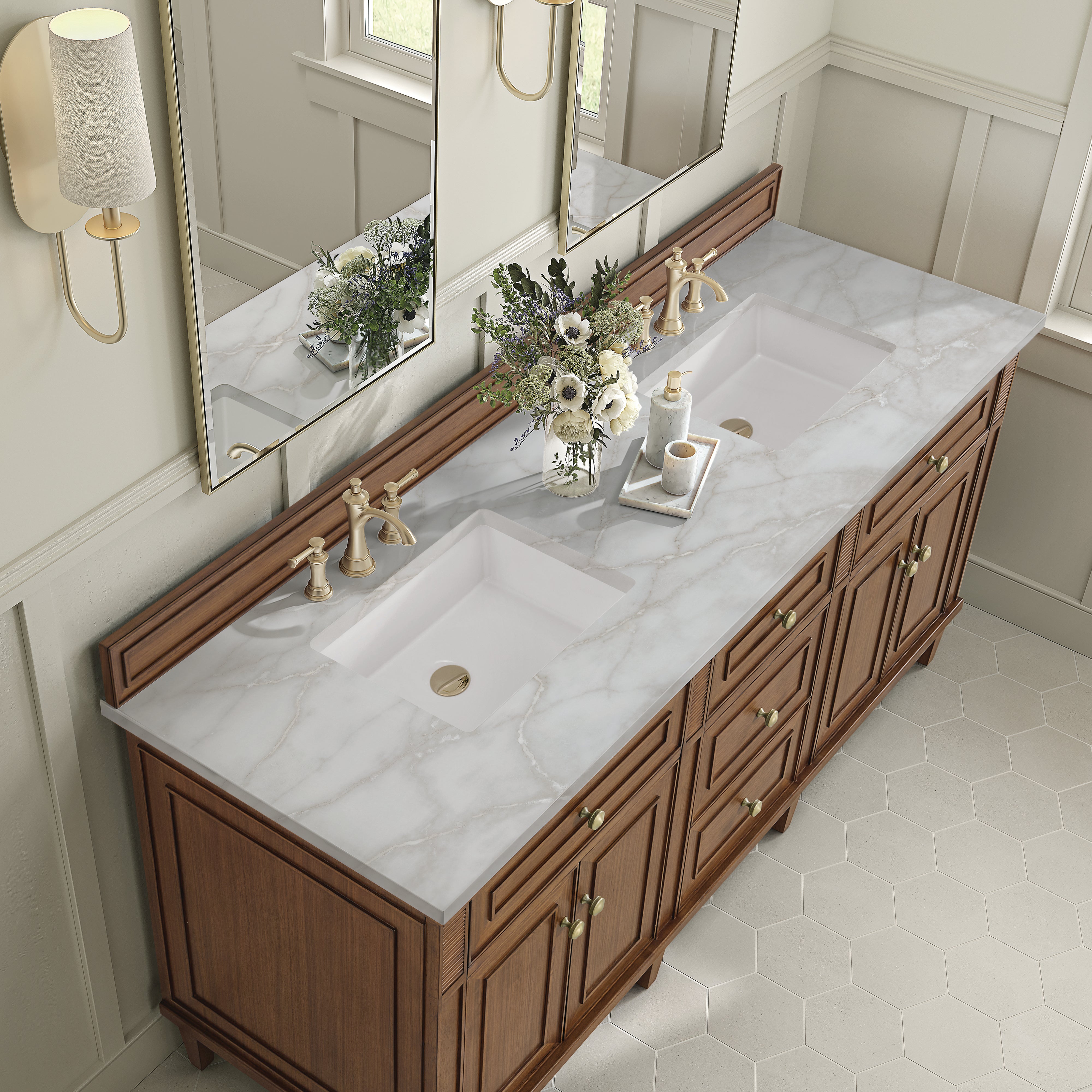 James Martin Lorelai 72"Double Vanity in Mid-Century Walnut with 3cm Countertop