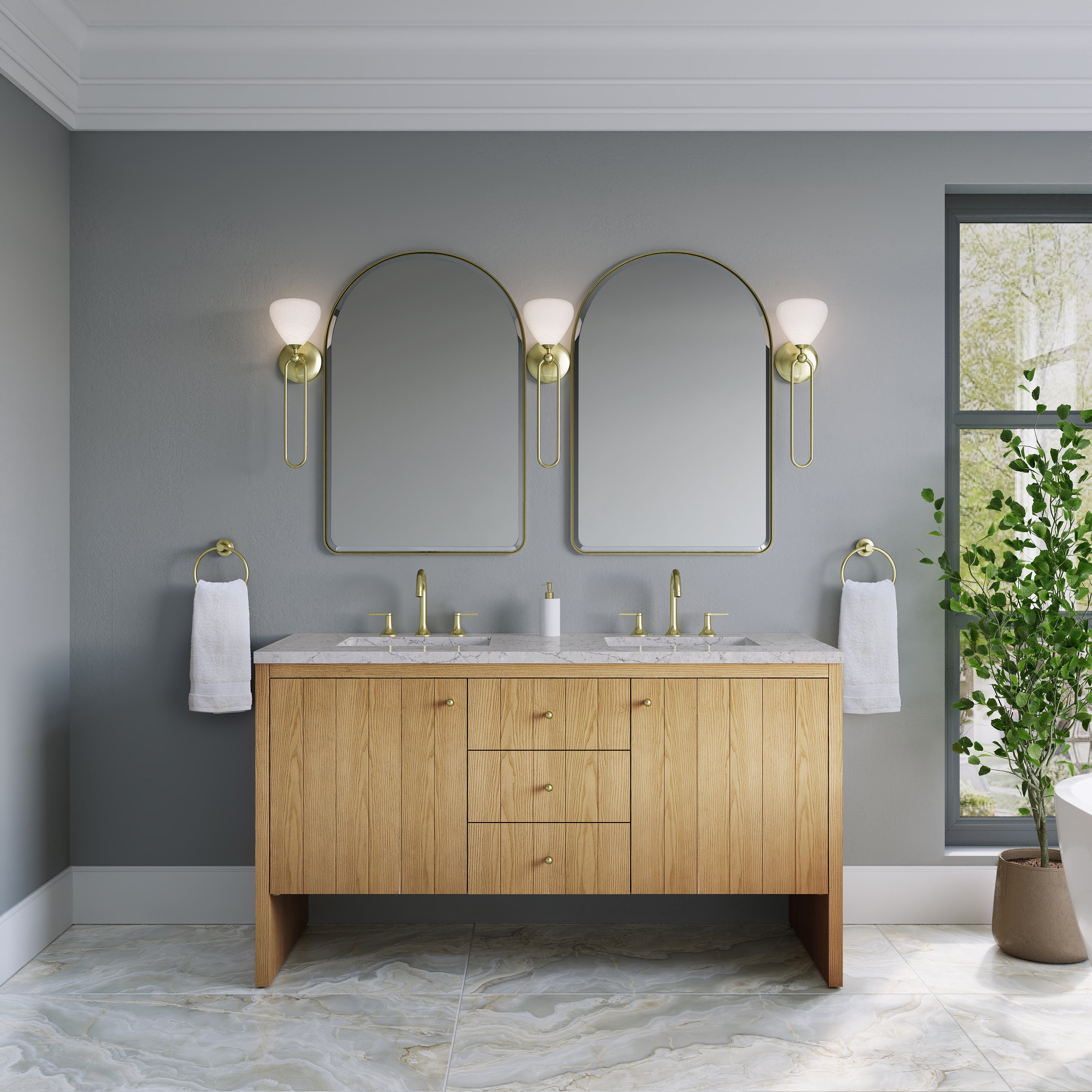 James Martin Hudson 60" Double Vanity in Light Natural Oak with 3cm Countertop and FreePower Wireless Charger