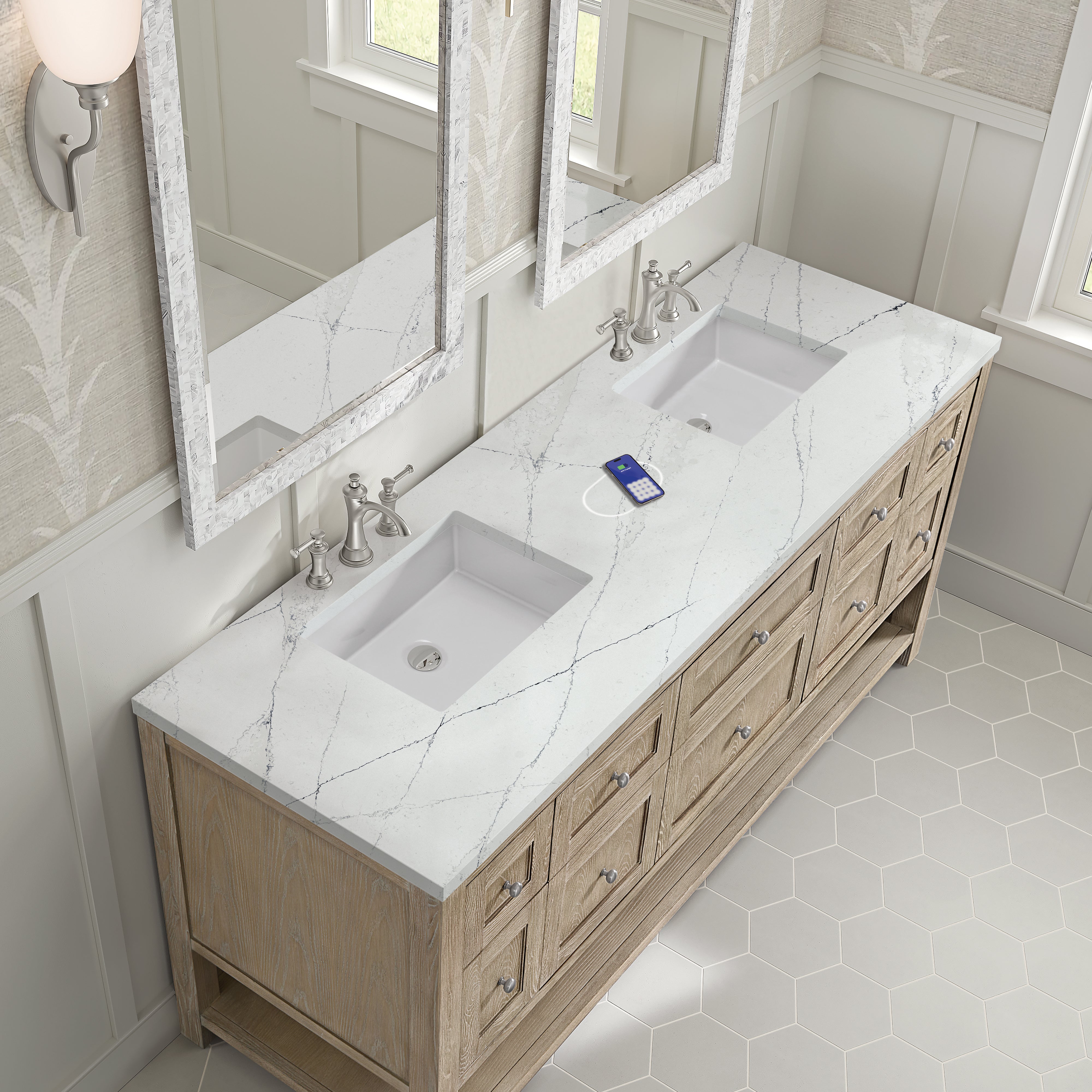 James Martin Breckenridge 72" Double Vanity in Whitewashed Oak with 3cm Countertop and FreePower Wireless Charger