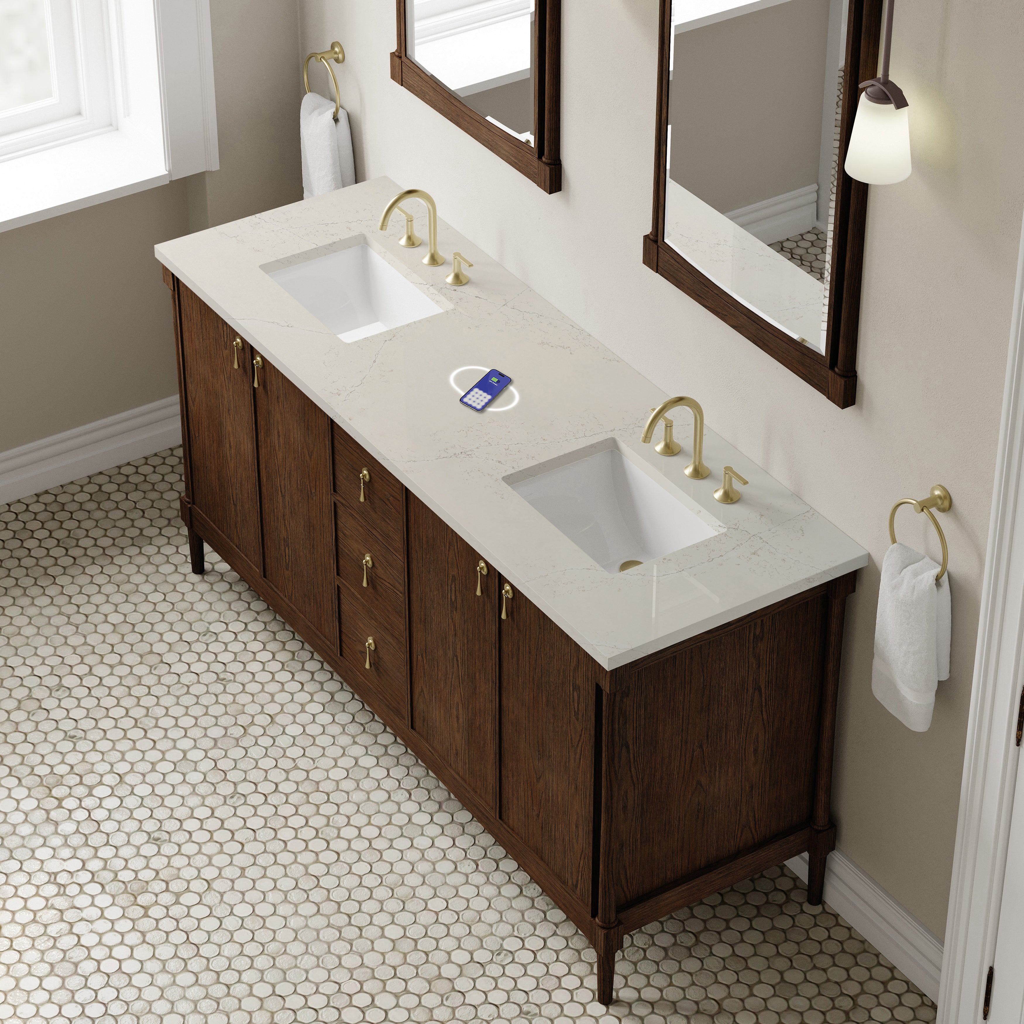 James Martin Kinnsden 72" Double Vanity in Sable Oak with 3cm Carrara Marble Top and FreePower Wireless Charger