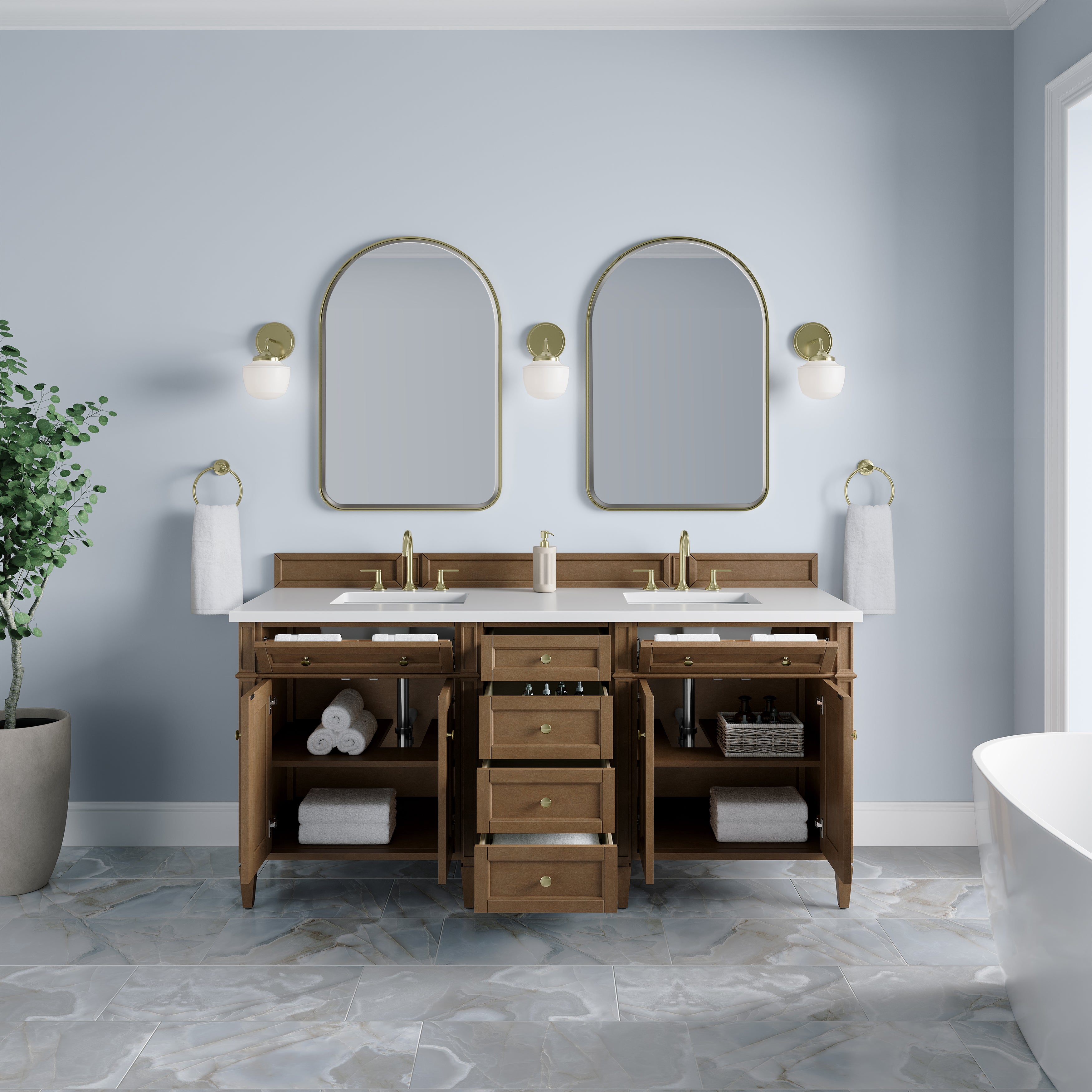 James Martin Brittany 72" Double Vanity in Pecan with 3cm Countertop