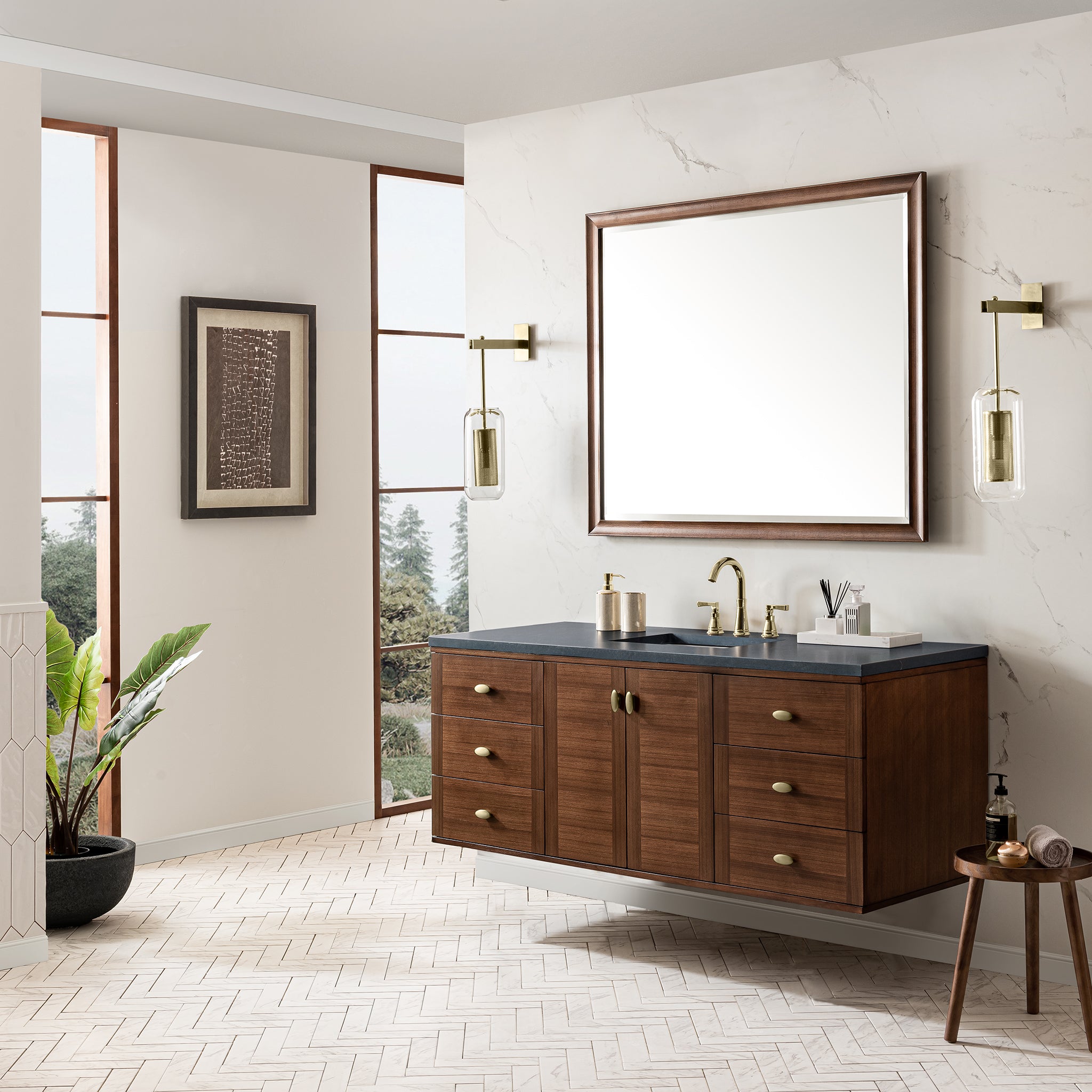 James Martin Amberly 60" Single Vanity in Mid-Century Walnut with 3cm Countertop