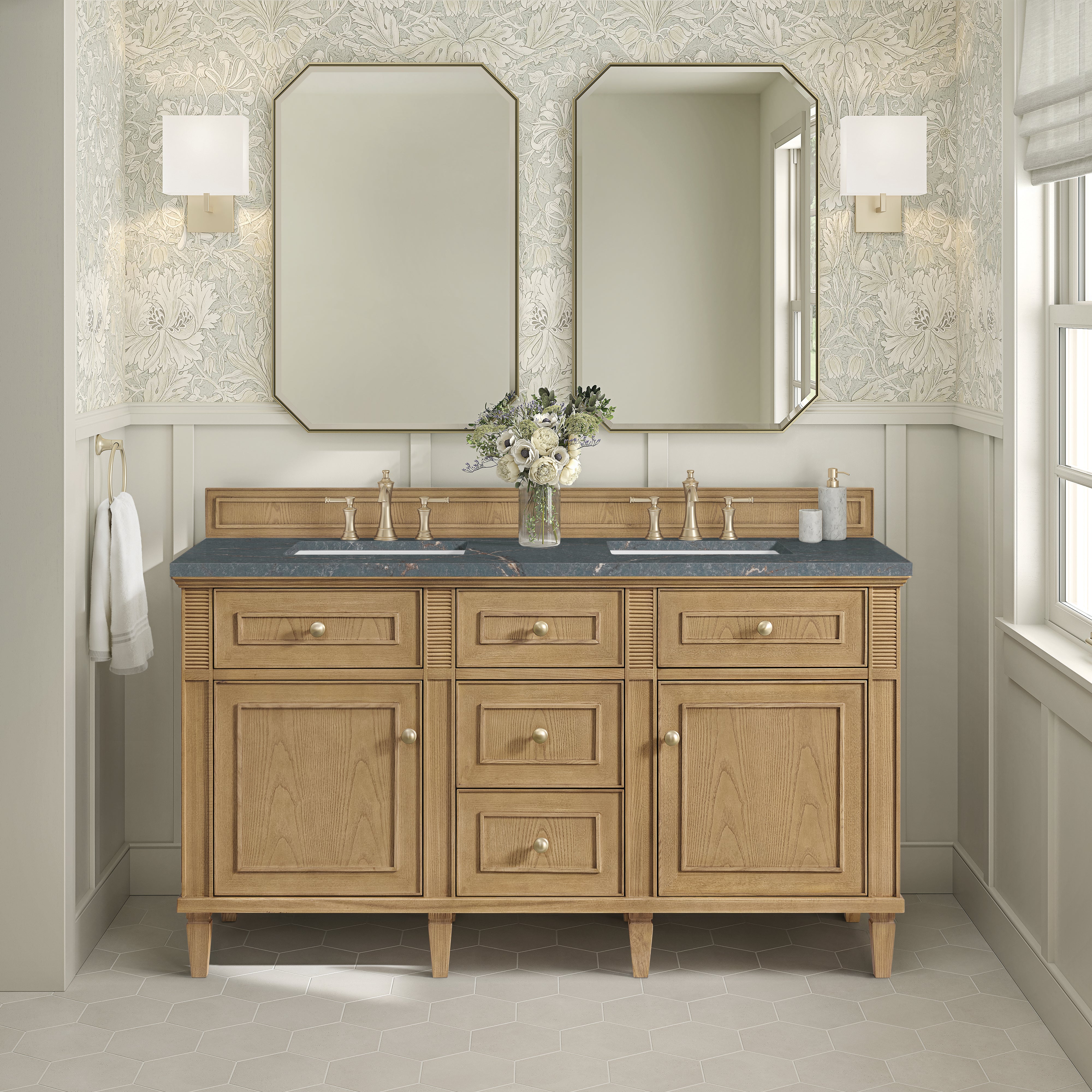 James Martin Lorelai 60" Double Vanity in Light Natural Oak with 3cm Countertop and FreePower Wireless Charger