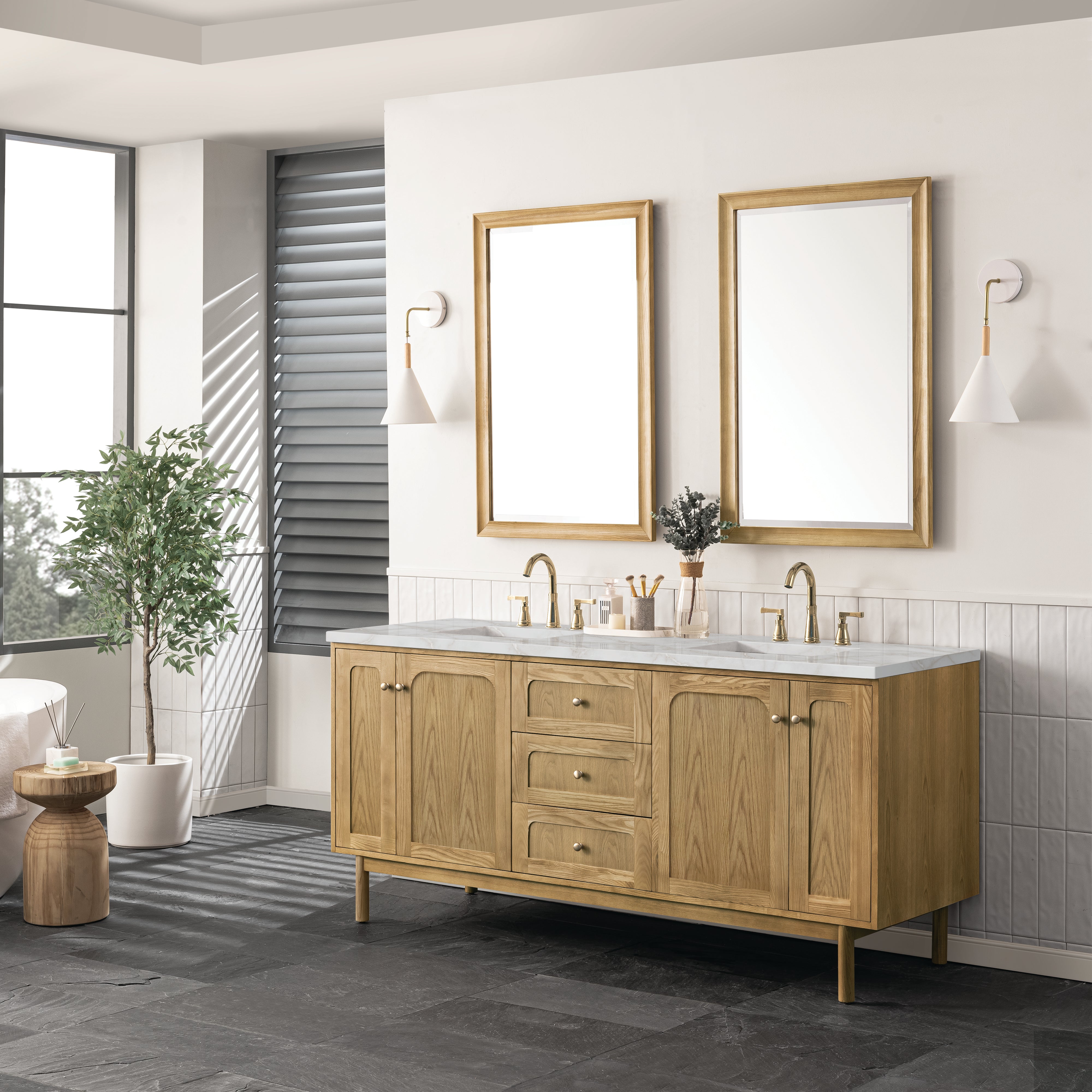 James Martin Laurent 72" Double Vanity in Light Natural Oak with 3cm Countertop and FreePower Wireless Charger