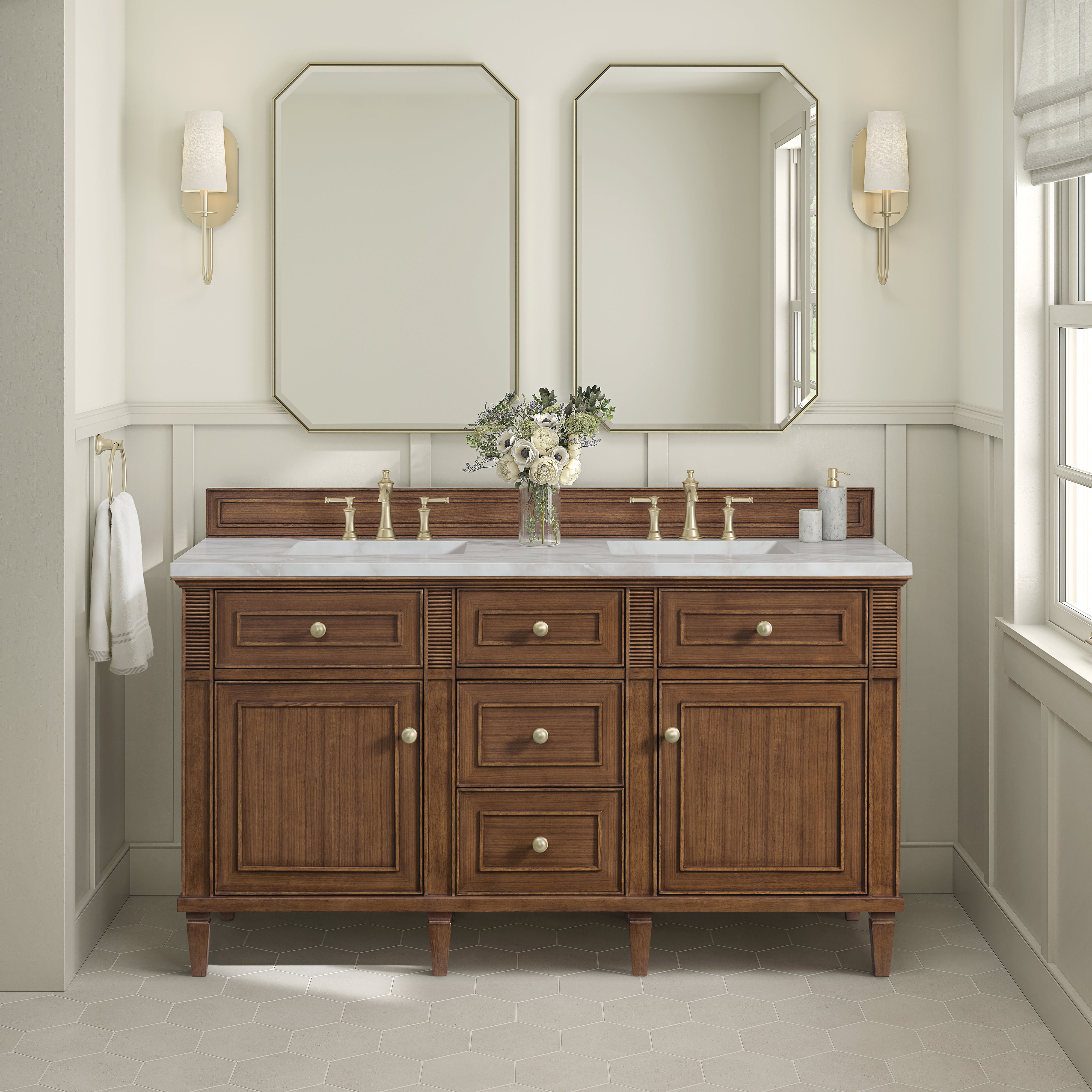 James Martin Lorelai 60" Double Vanity in Mid-Century Walnut with 3cm Countertop and FreePower Wireless Charger