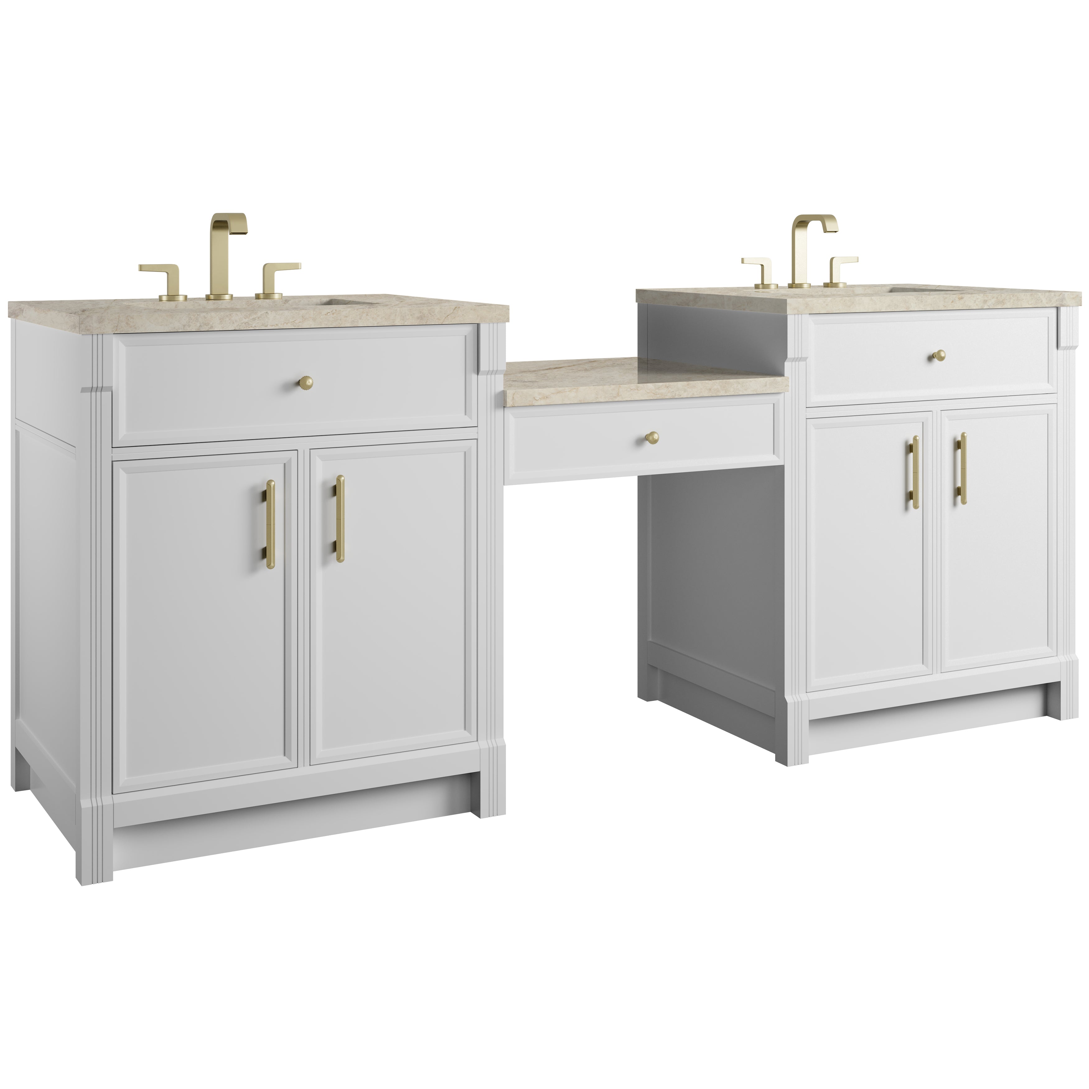 James Martin Bellshire 84" Dual Vanity Set with 24" Make-Up Counter in Bright White with 3cm Countertop