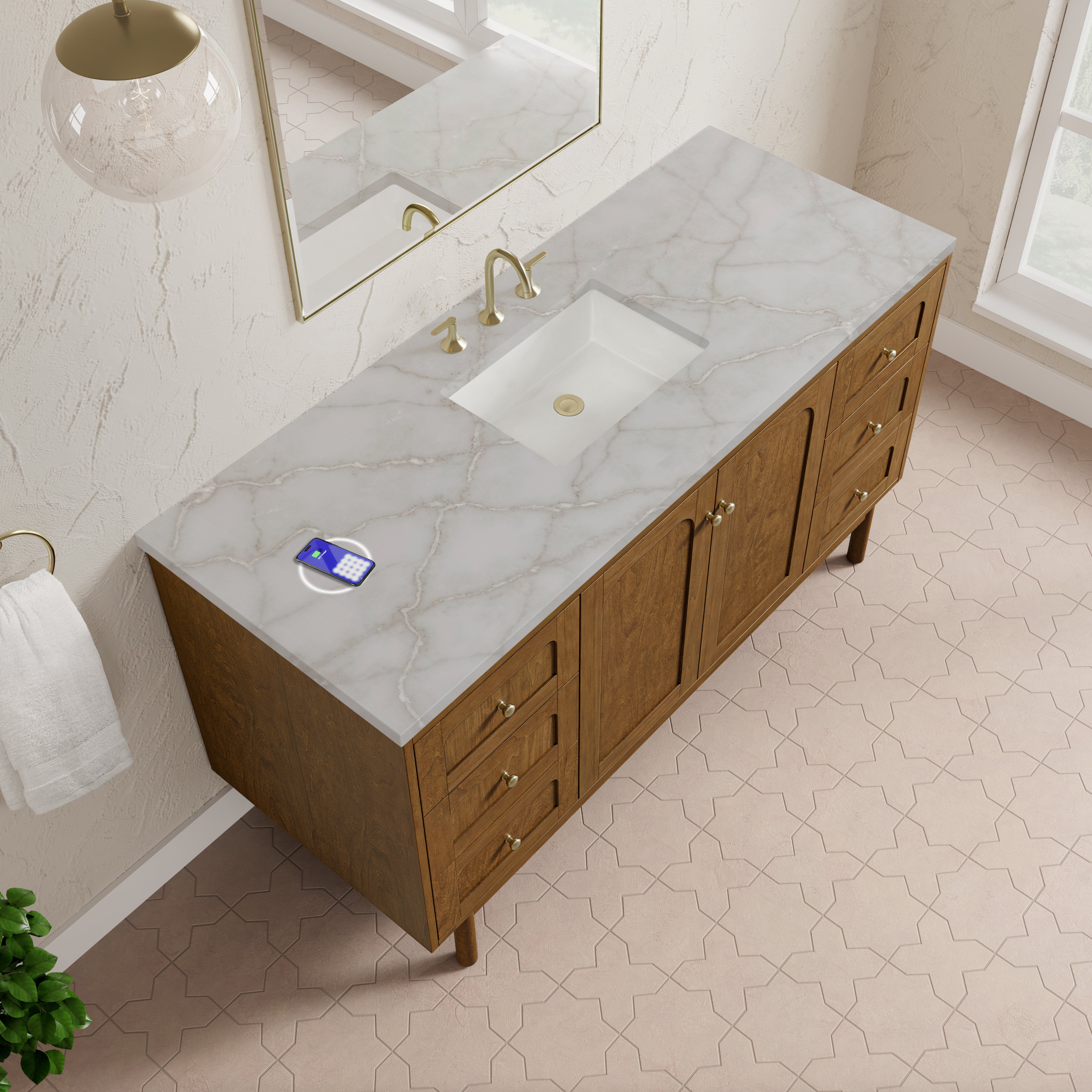 James Martin Laurent 60" Single Vanity in Honey Oak with 3cm Countertop and FreePower Wireless Charger