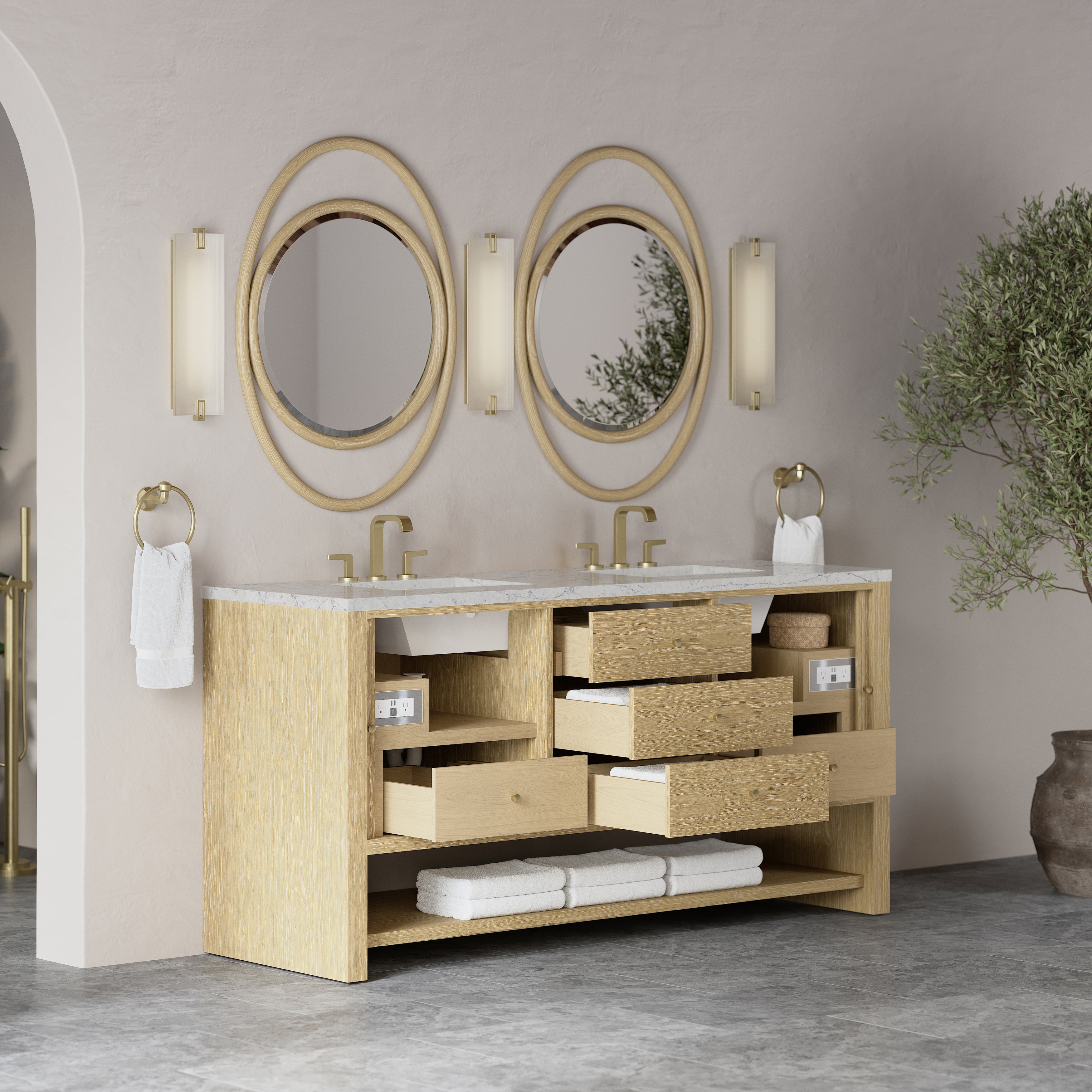 James Martin Marigot 72" Double Vanity in Sunwashed Oak with 3cm Countertop and FreePower Wireless Charger