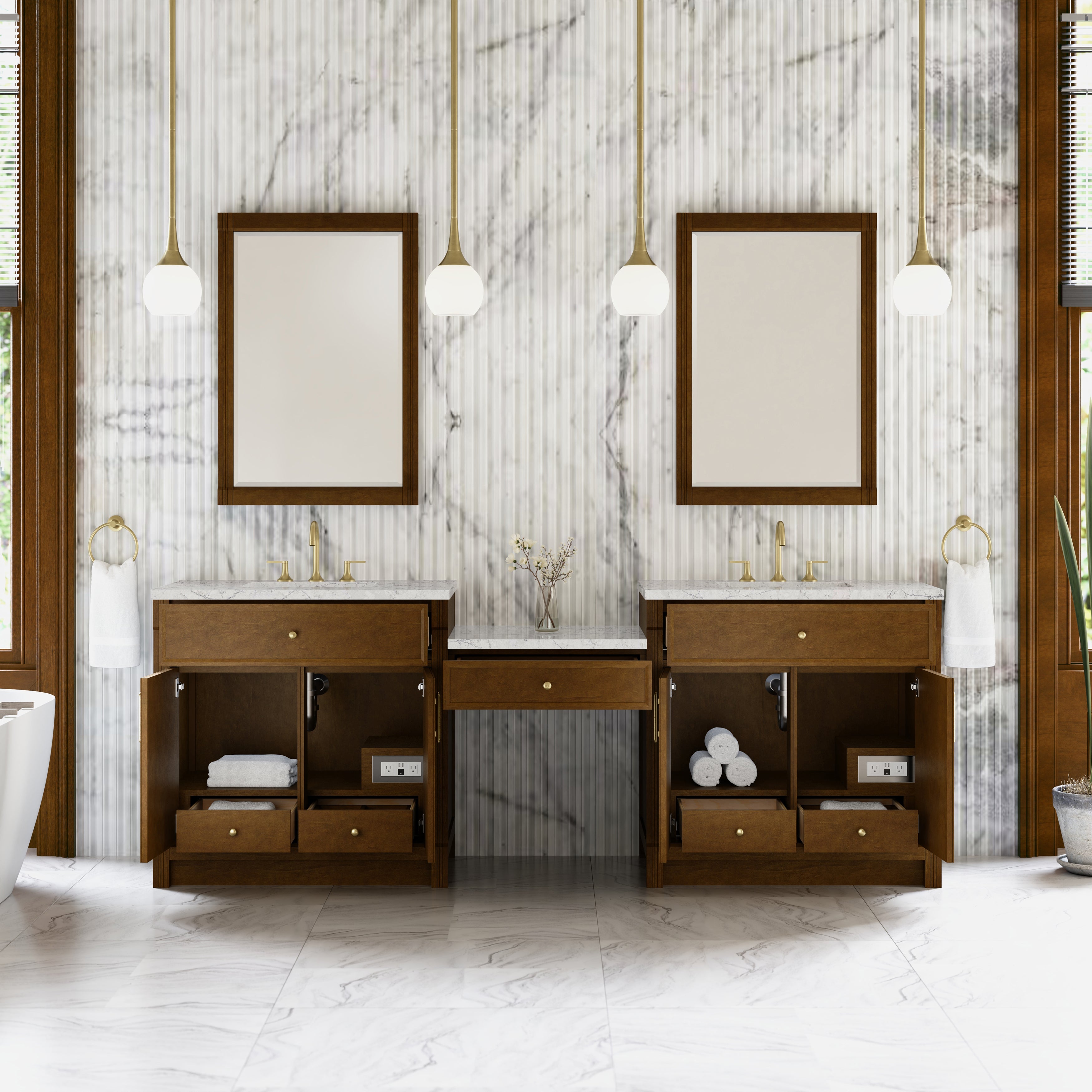 James Martin Bellshire 96" Dual Vanity Set with 24" Make-Up Counter in Honey Oak with 3cm Countertop