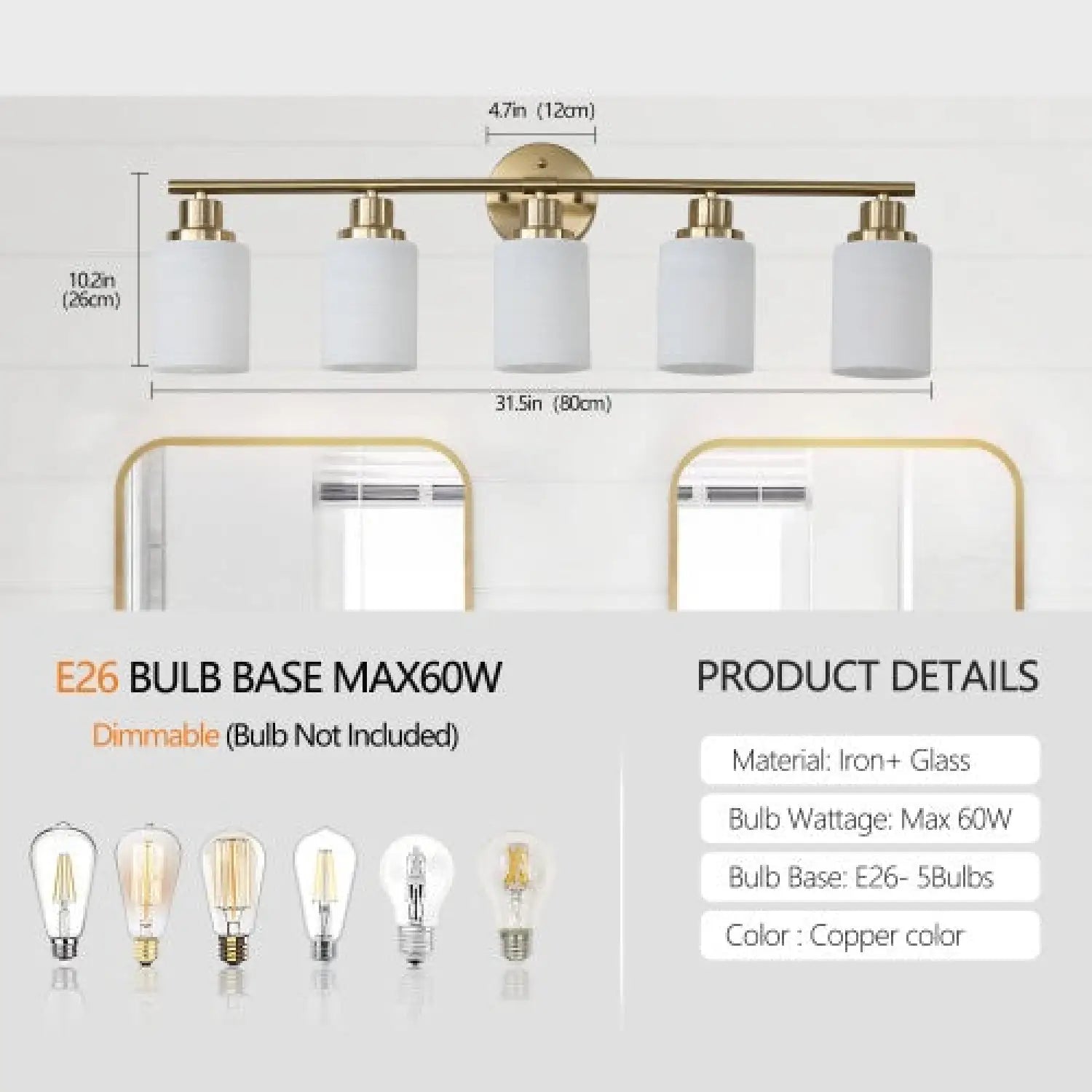 Elegant Vanity Lights for Bathroom in Gold with 5 Lights Fixture
