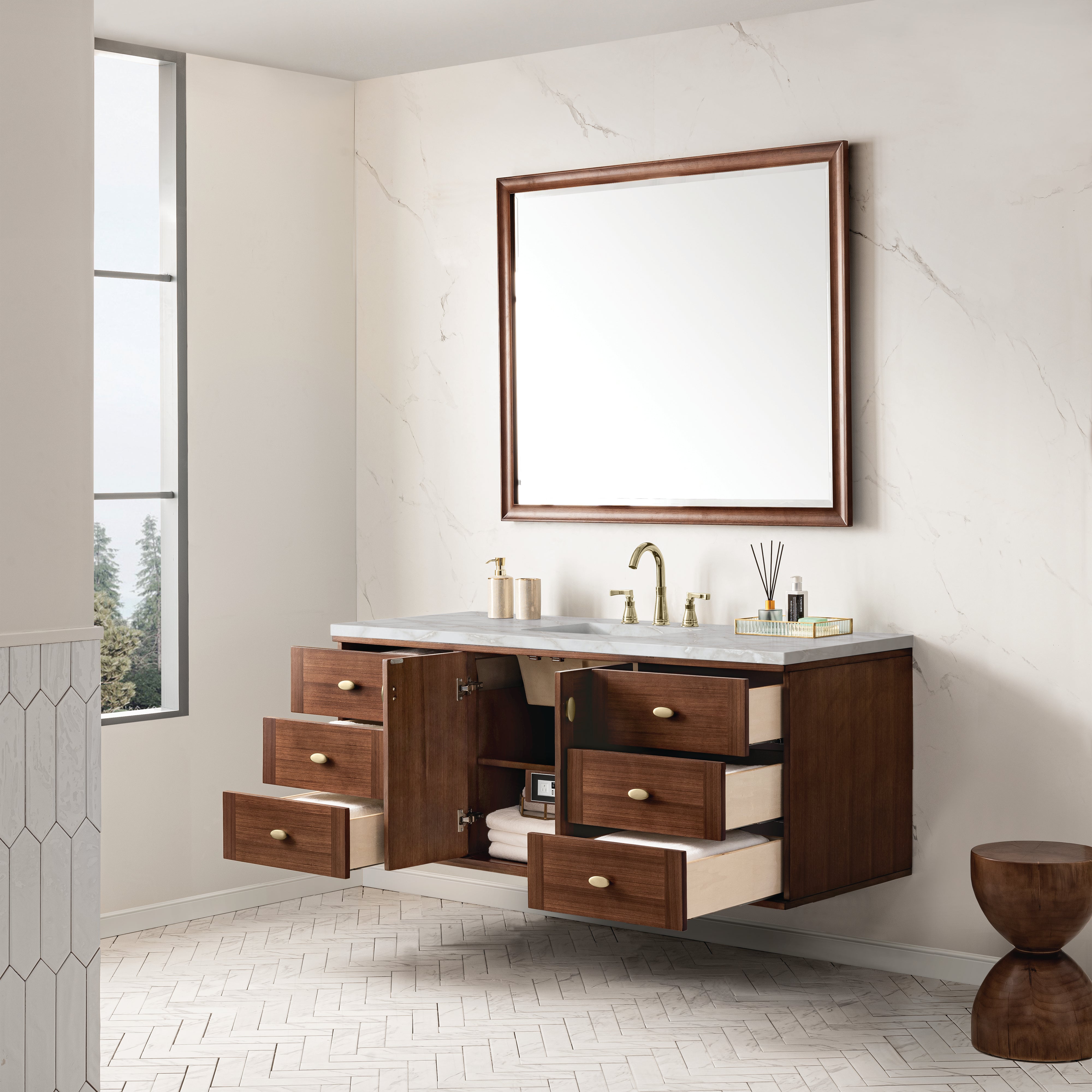 James Martin Amberly 60" Single Vanity in Mid-Century Walnut with 3cm Countertop and FreePower Wireless Charger