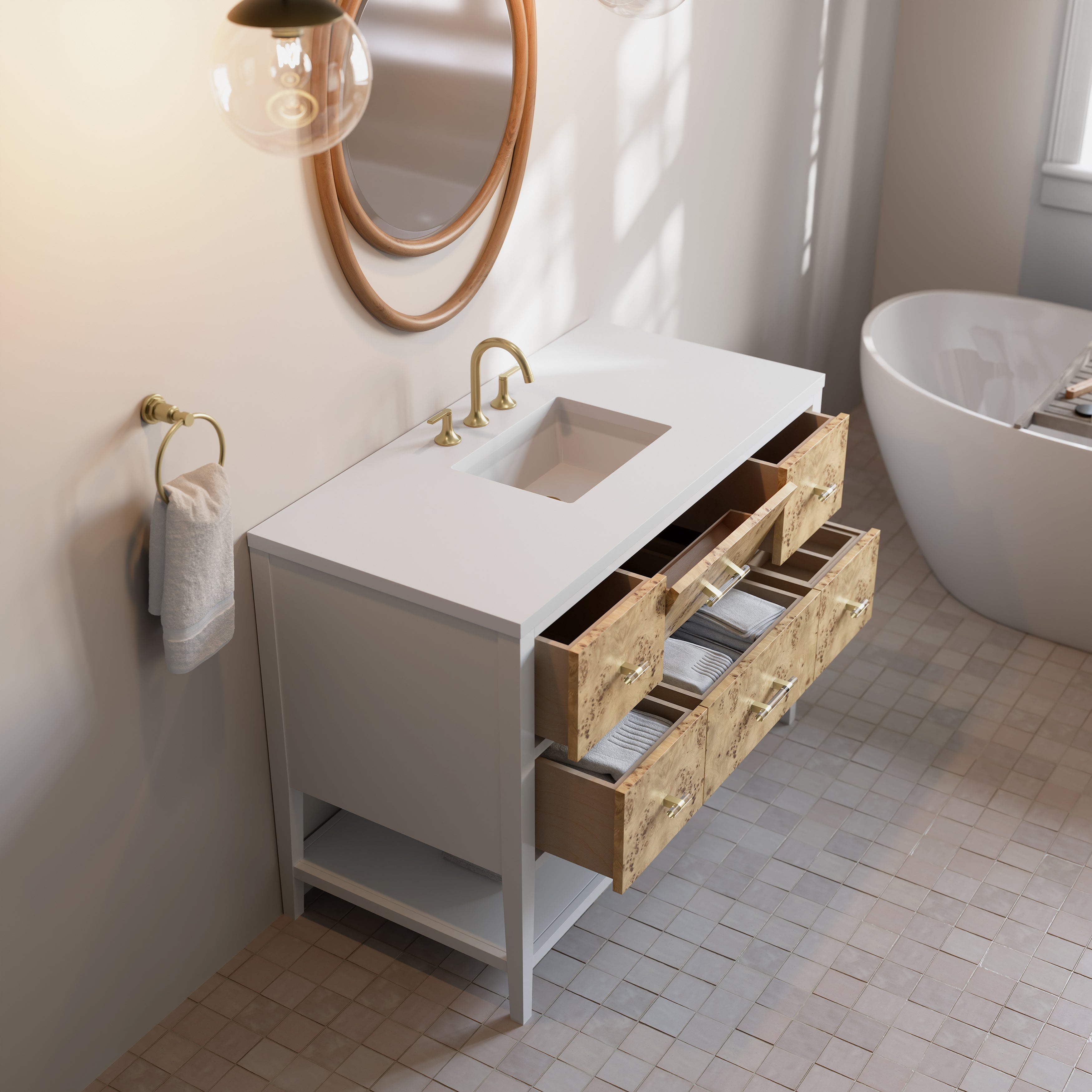 James Martin Olena 48" Single Vanity in Light Mappa Burl and Polished White with 3cm Countertop