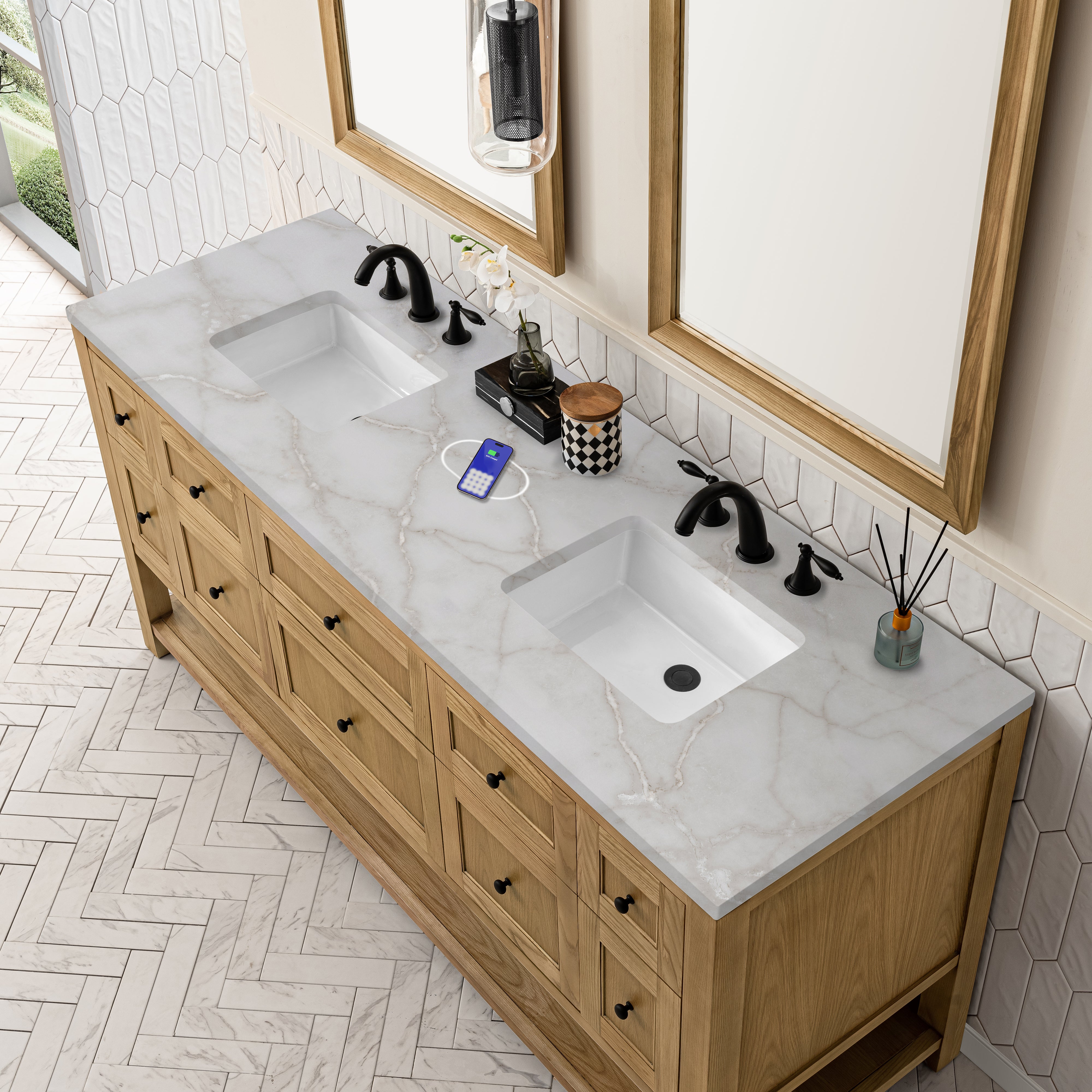 James Martin Breckenridge 72" Double Vanity in Light Natural Oak with 3cm Countertop and FreePower Wireless Charger