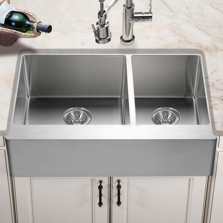 Houzer Epicure 33" Apron Front 60/40 Double Bowl Kitchen Sink, Small Right Bowl with Strainer & Grids