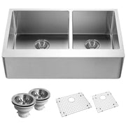 Houzer Epicure 33" Apron Front 60/40 Double Bowl Kitchen Sink, Small Right Bowl with Strainer & Grids