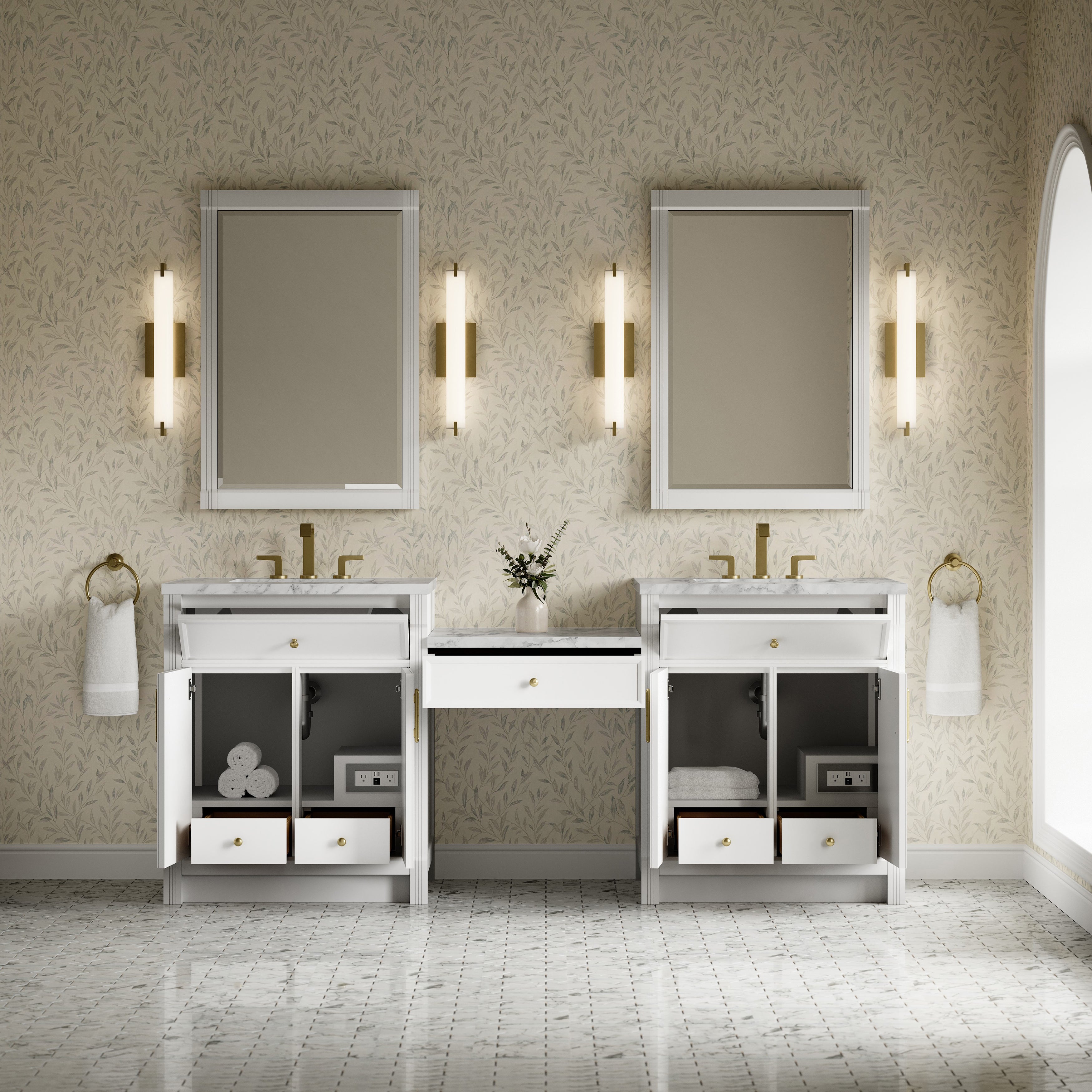 James Martin Bellshire 84" Dual Vanity Set with 24" Make-Up Counter in Bright White with 3cm Countertop