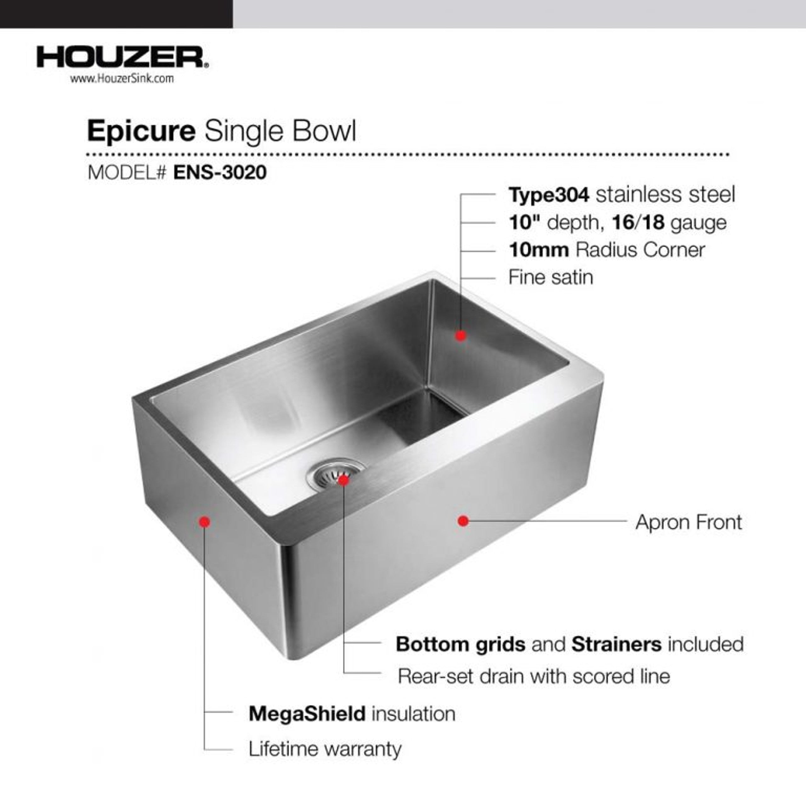 Houzer Epicure 30 inch Apron Front Farmhouse Single Bowl Kitchen Sink with Strainer & Grid - ENS-3020