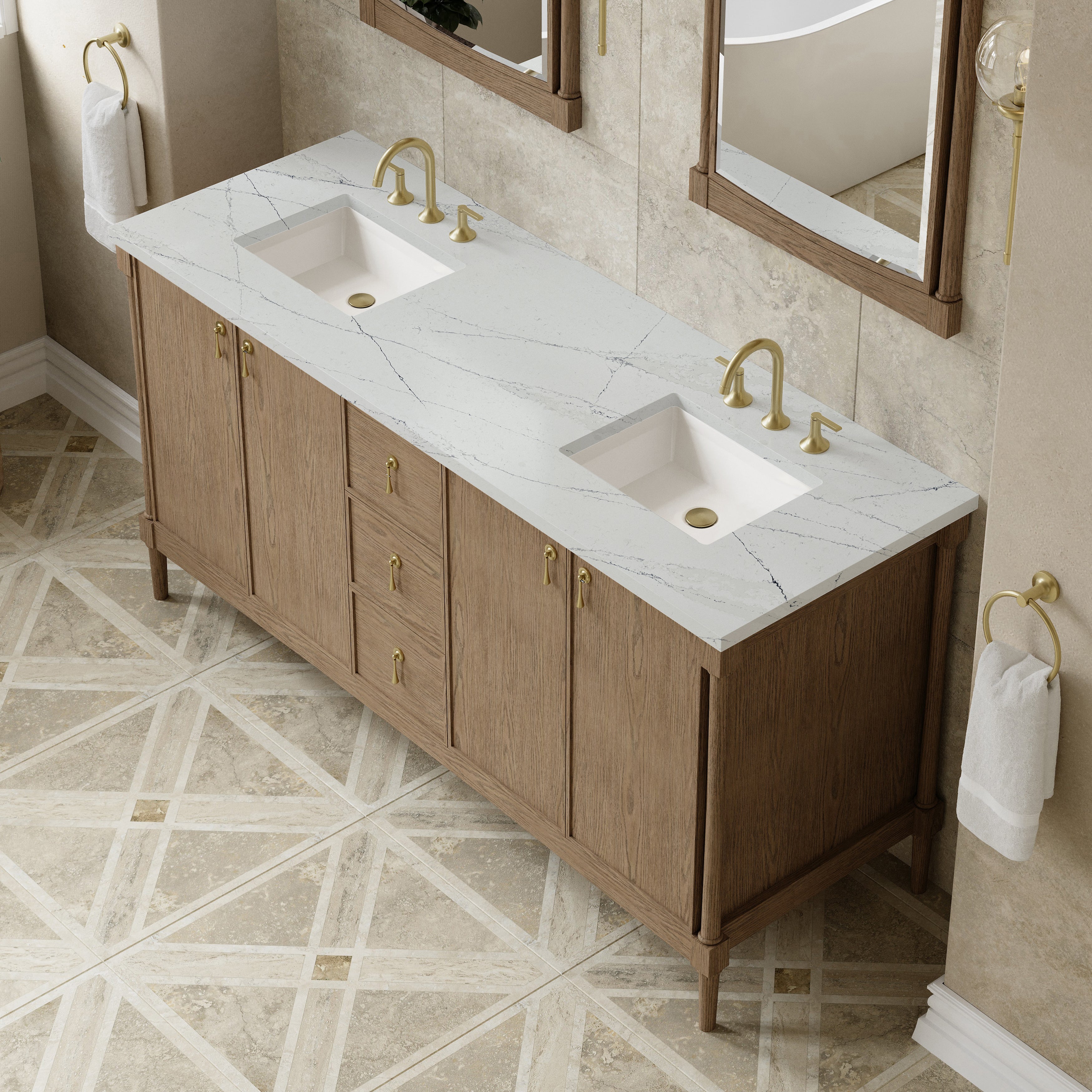 James Martin Kinnsden 72" Double Vanity in Weathered Oak with 3cm Carrara Marble Top
