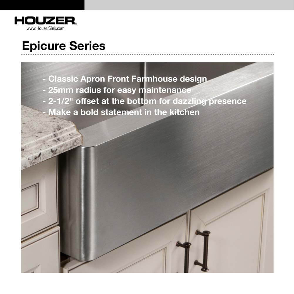 Houzer Epicure 33" Stainless Steel Apron Front Single Bowl Kitchen Sink with Strainer & Grid