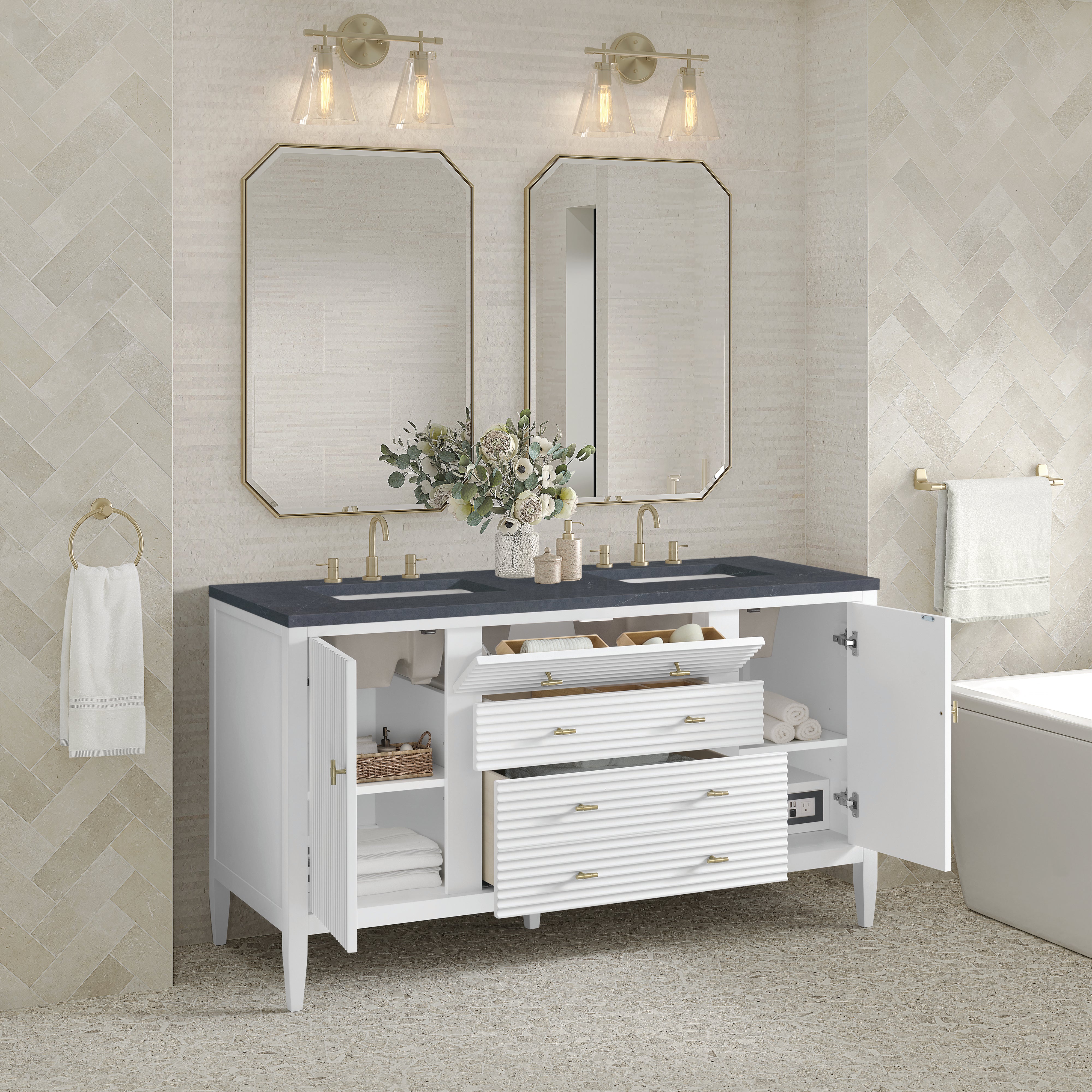 James Martin Myrrin 60" Double Vanity in Bright White with 3cm Countertop