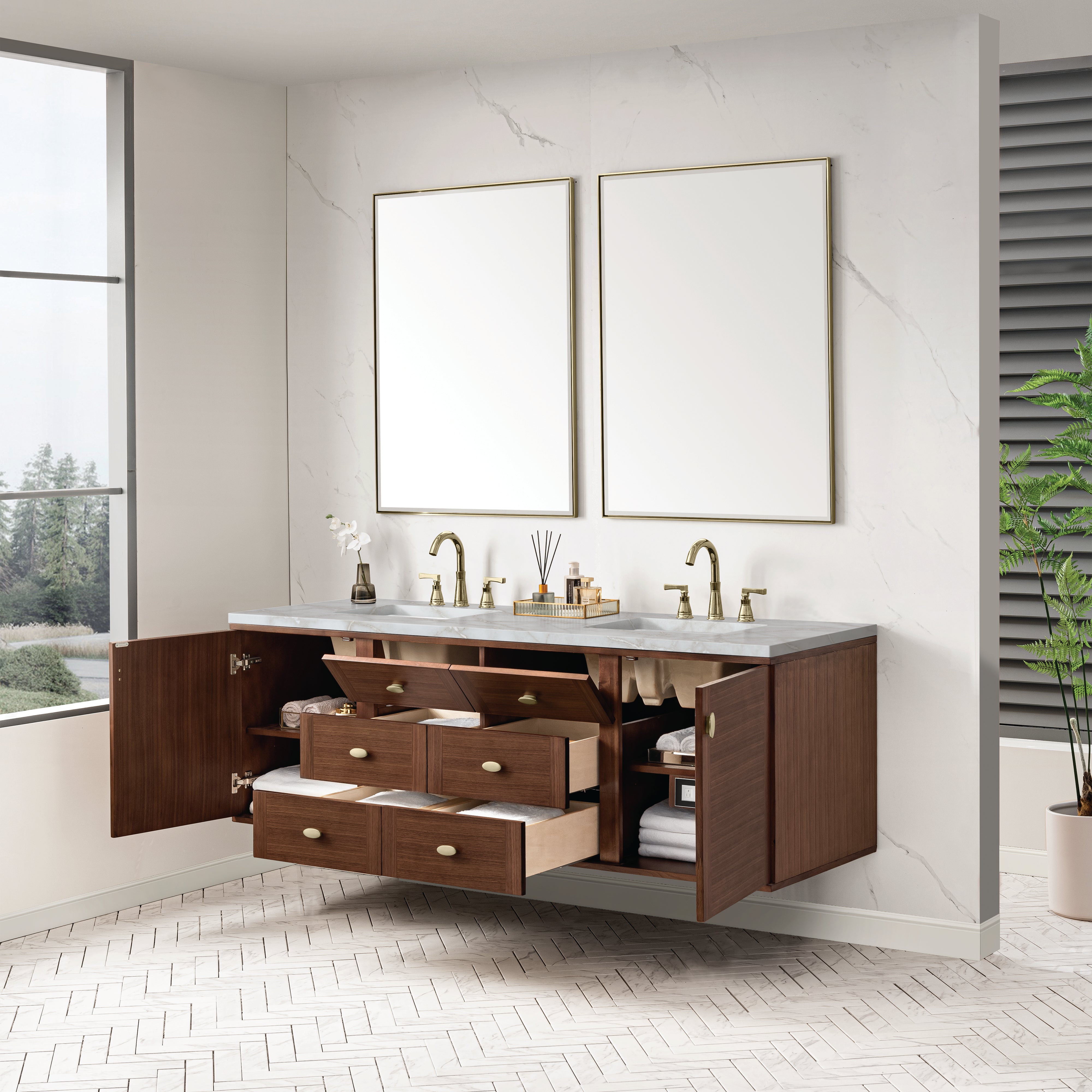 James Martin Amberly 72" Double Vanity in Mid-Century Walnut with 3cm Countertop and FreePower Wireless Charger