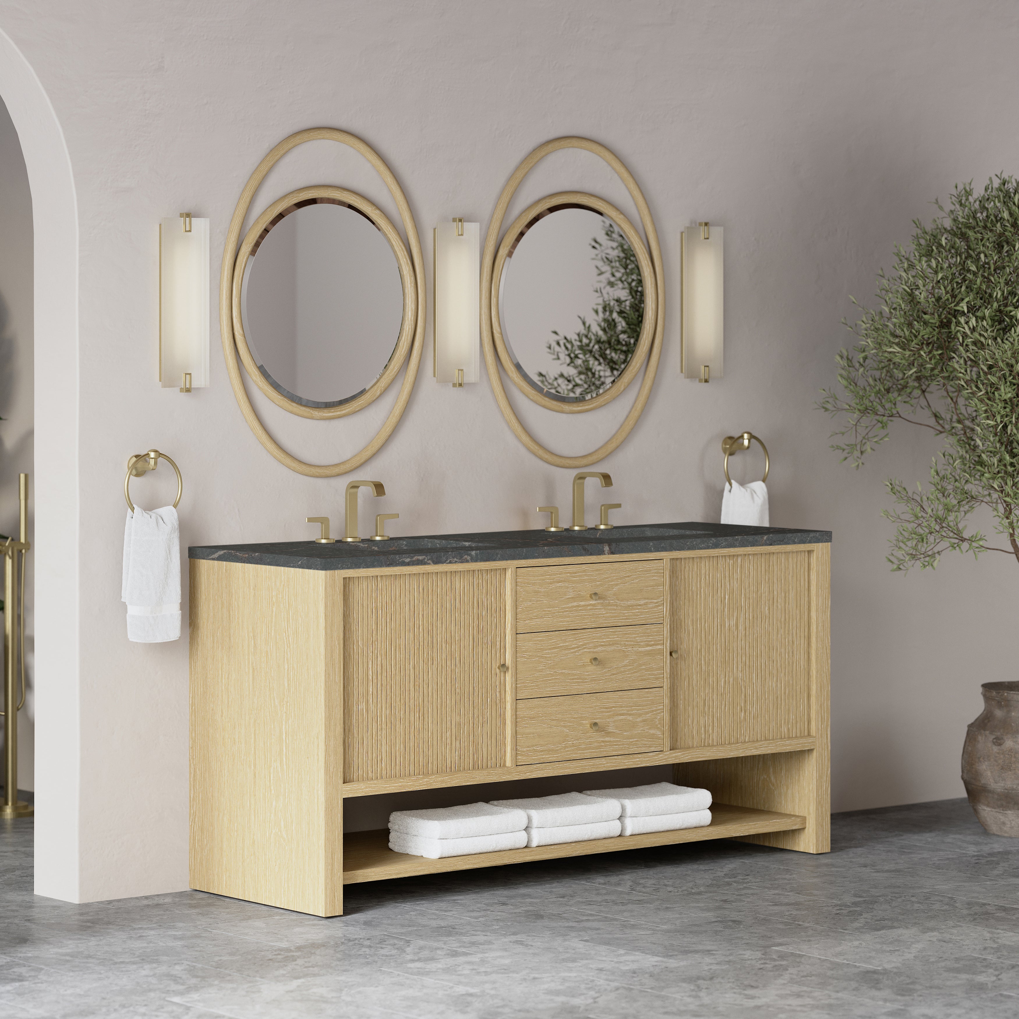 James Martin Marigot 72" Double Vanity in Sunwashed Oak with 3cm Countertop and FreePower Wireless Charger