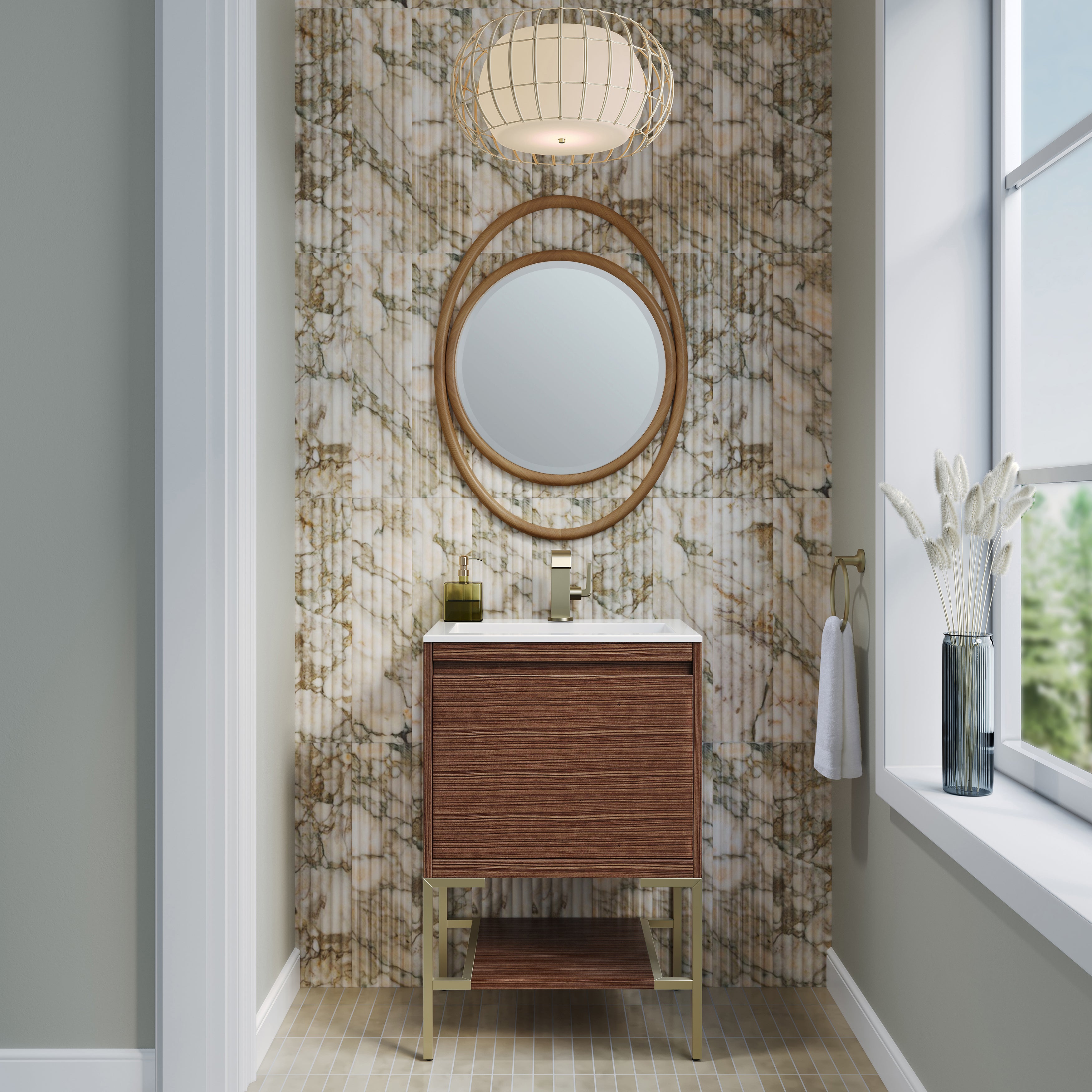 James Martin Mantova 23.6" Single Vanity, Mid-Century Walnut, Champagne Brass Base with Charcoal Black Composite Stone Top