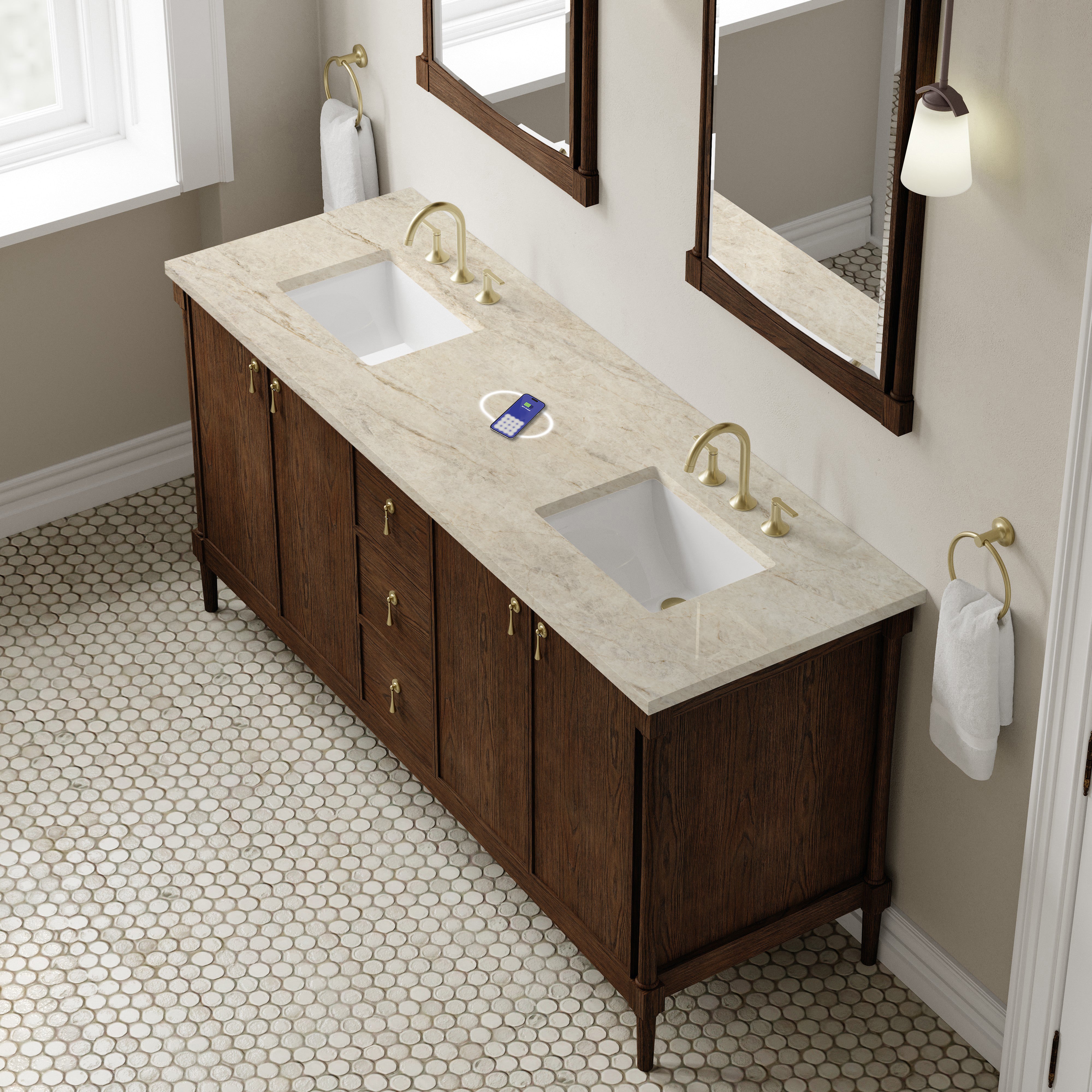 James Martin Kinnsden 72" Double Vanity in Sable Oak with 3cm Carrara Marble Top and FreePower Wireless Charger