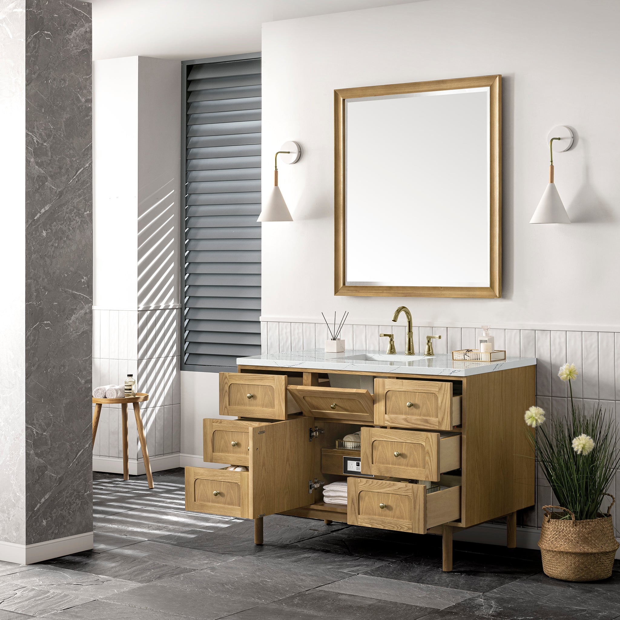 James Martin Laurent 48" Single Vanity in Light Natural Oak with 3cm Countertop and FreePower Wireless Charger