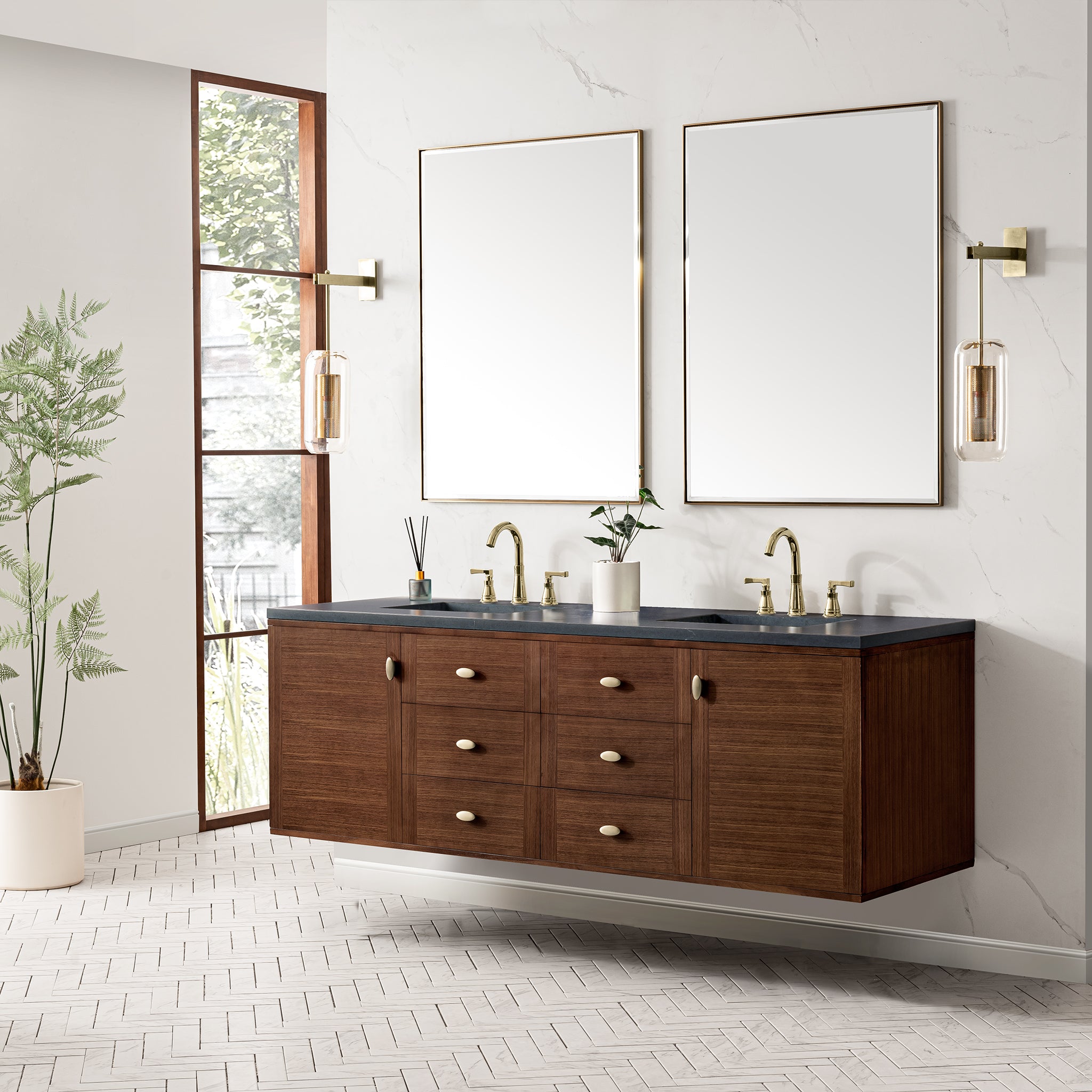 James Martin Amberly 72" Double Vanity in Mid-Century Walnut with 3cm Countertop