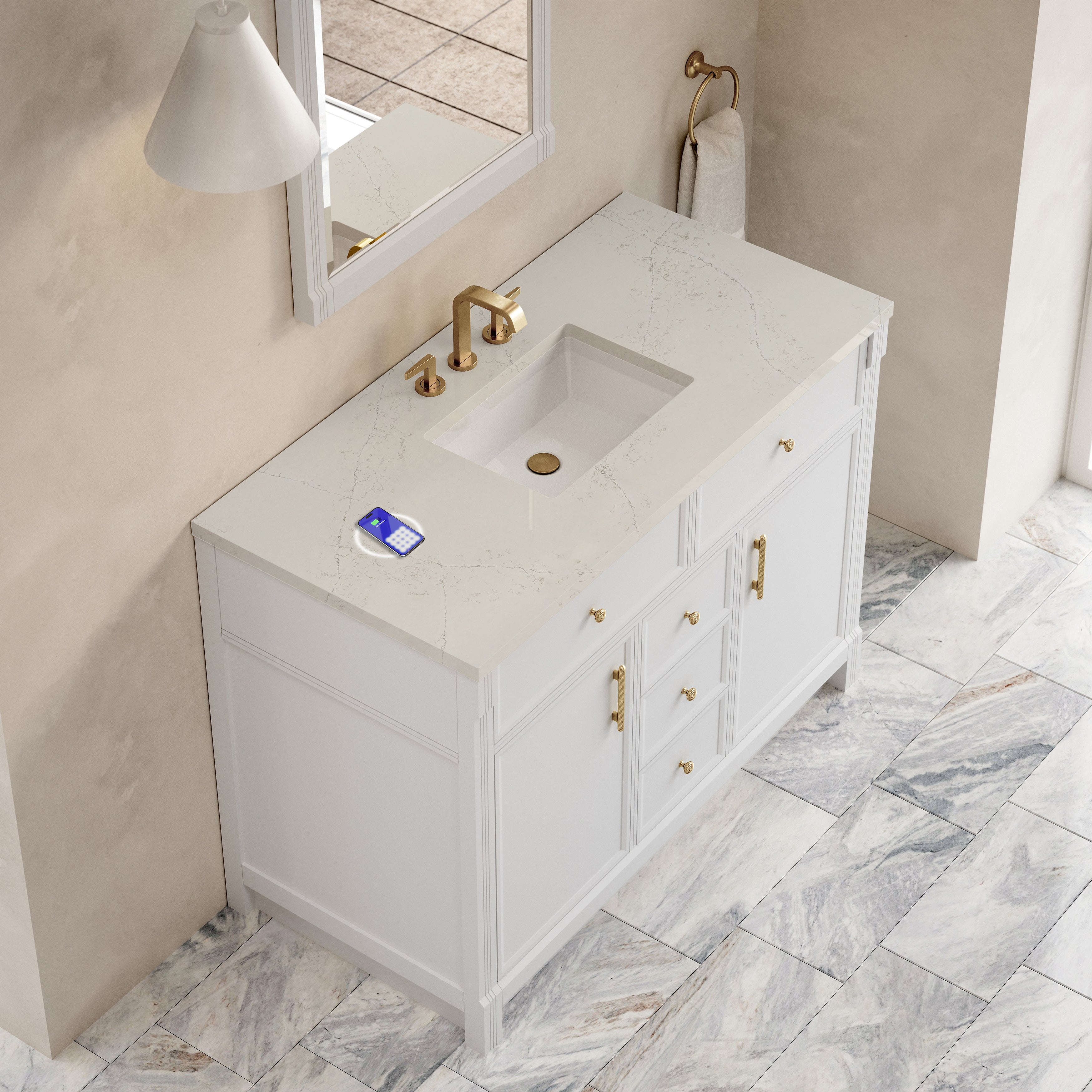 James Martin Bellshire 48" Single Vanity in Bright White with 3cm Countertop and FreePower Wireless Charger