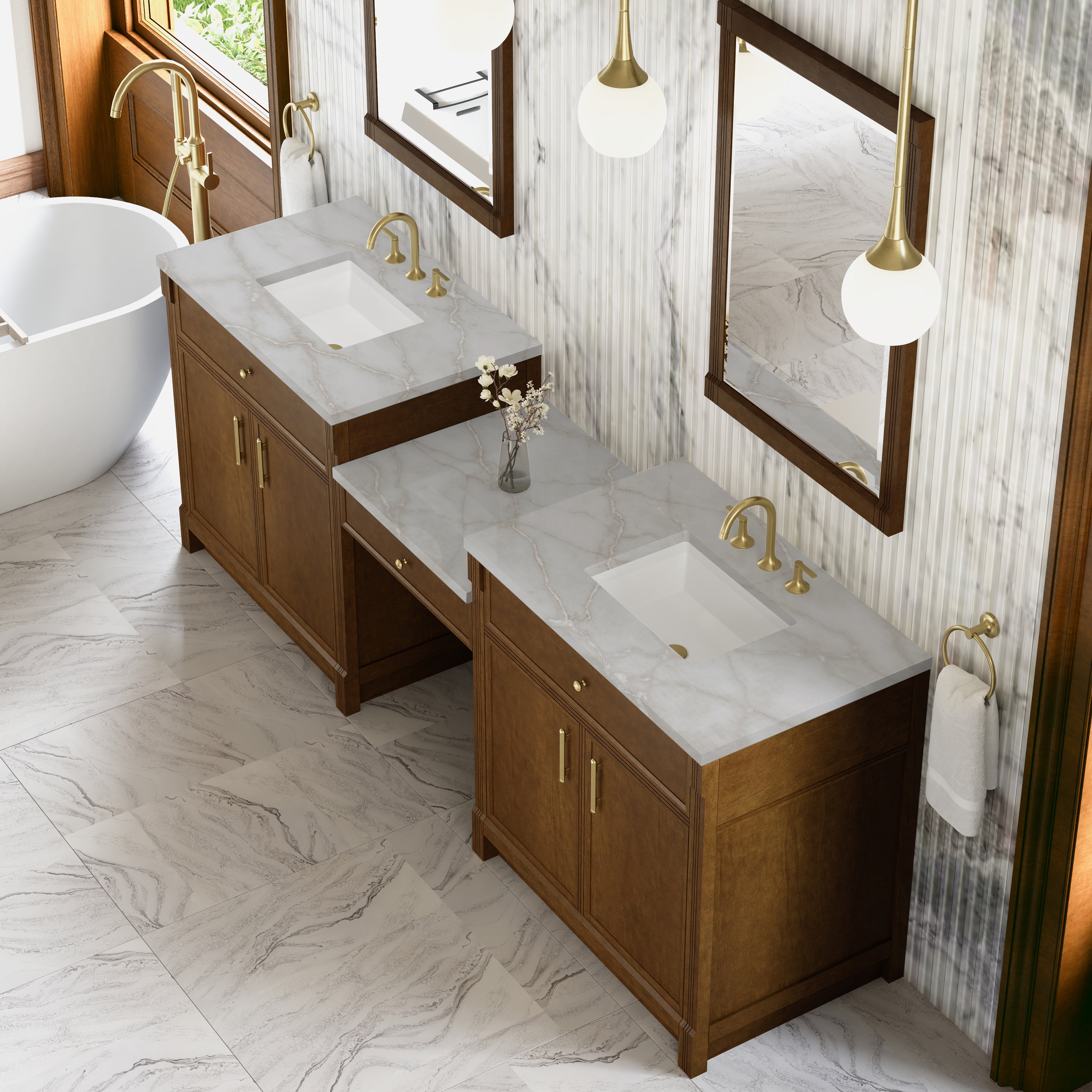 James Martin Bellshire 96" Dual Vanity Set with 24" Make-Up Counter in Honey Oak with 3cm Countertop