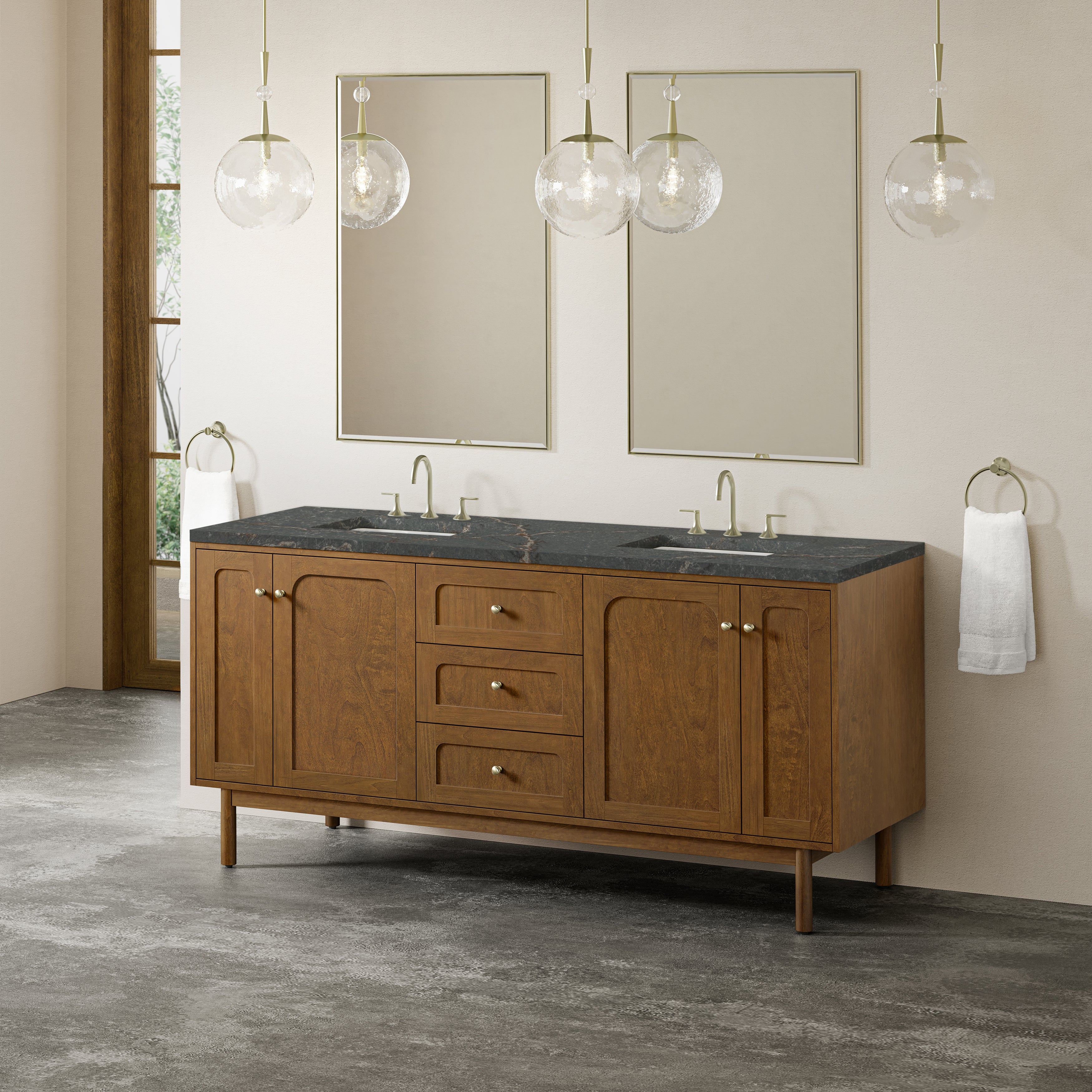 James Martin Laurent 72" Double Vanity in Honey Oak with 3cm Countertop and FreePower Wireless Charger