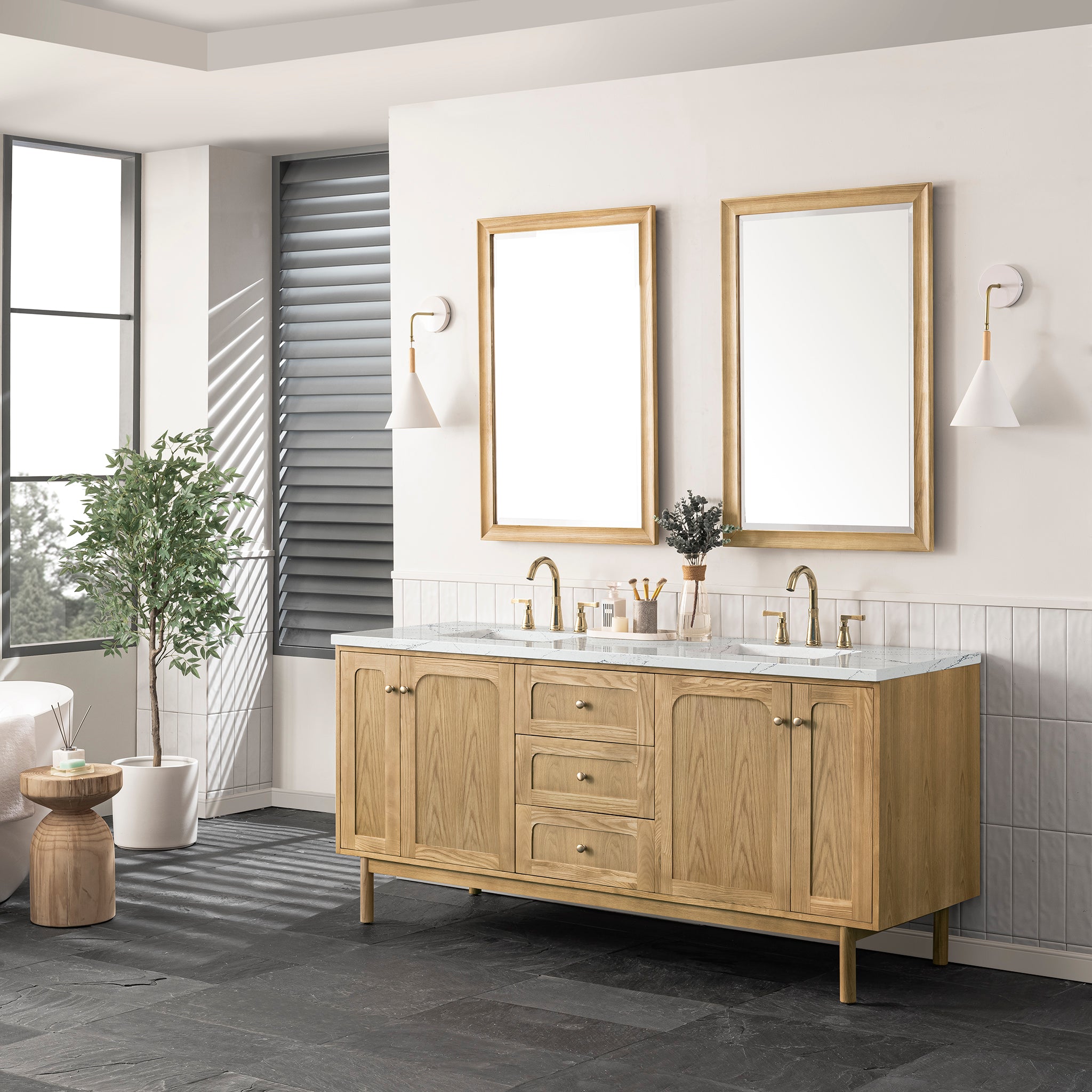 James Martin Laurent 72" Double Vanity in Light Natural Oak with 3cm Countertop and FreePower Wireless Charger