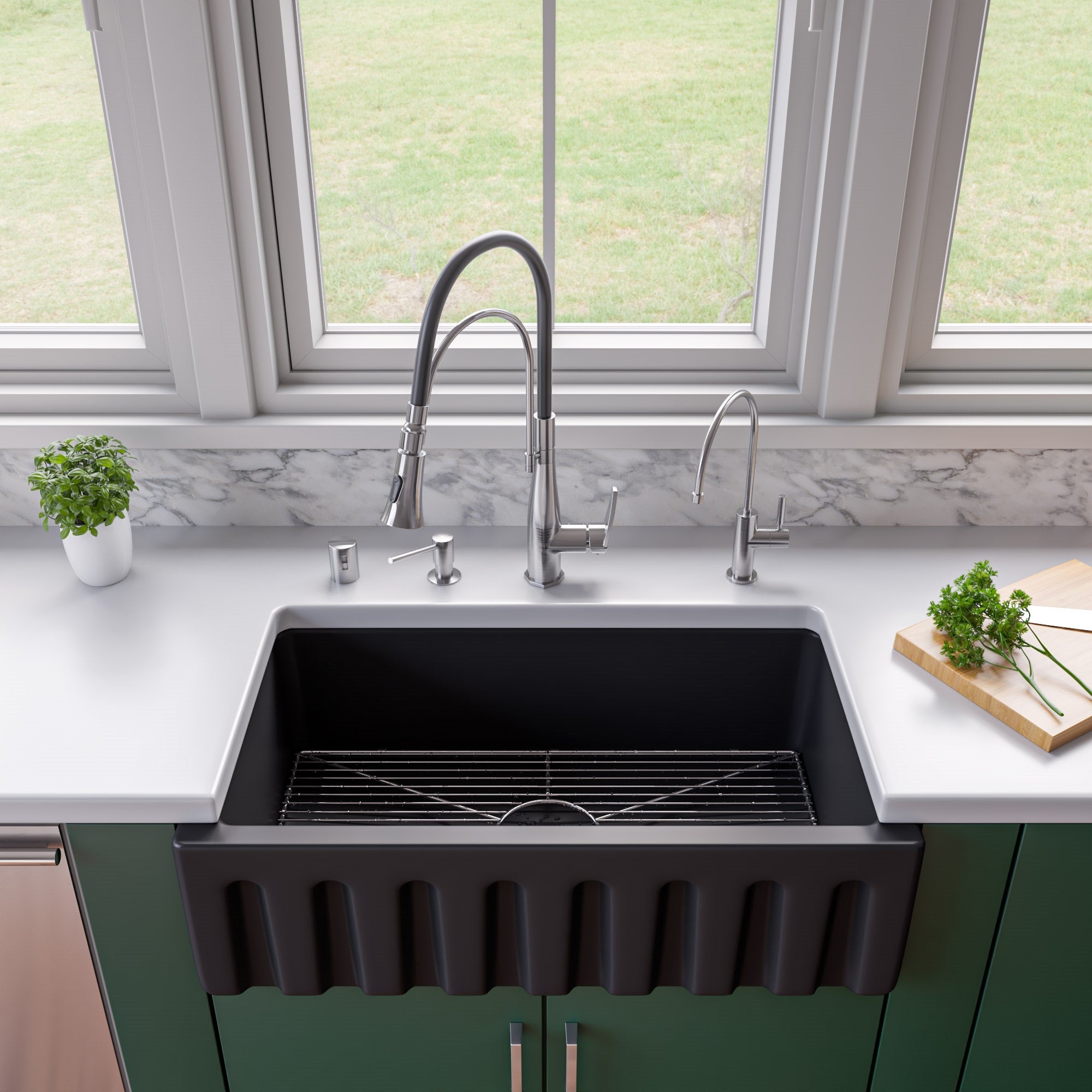 ALFI brand AB3318HS 33" x 18" Reversible Fluted / Smooth Fireclay Farm Sink