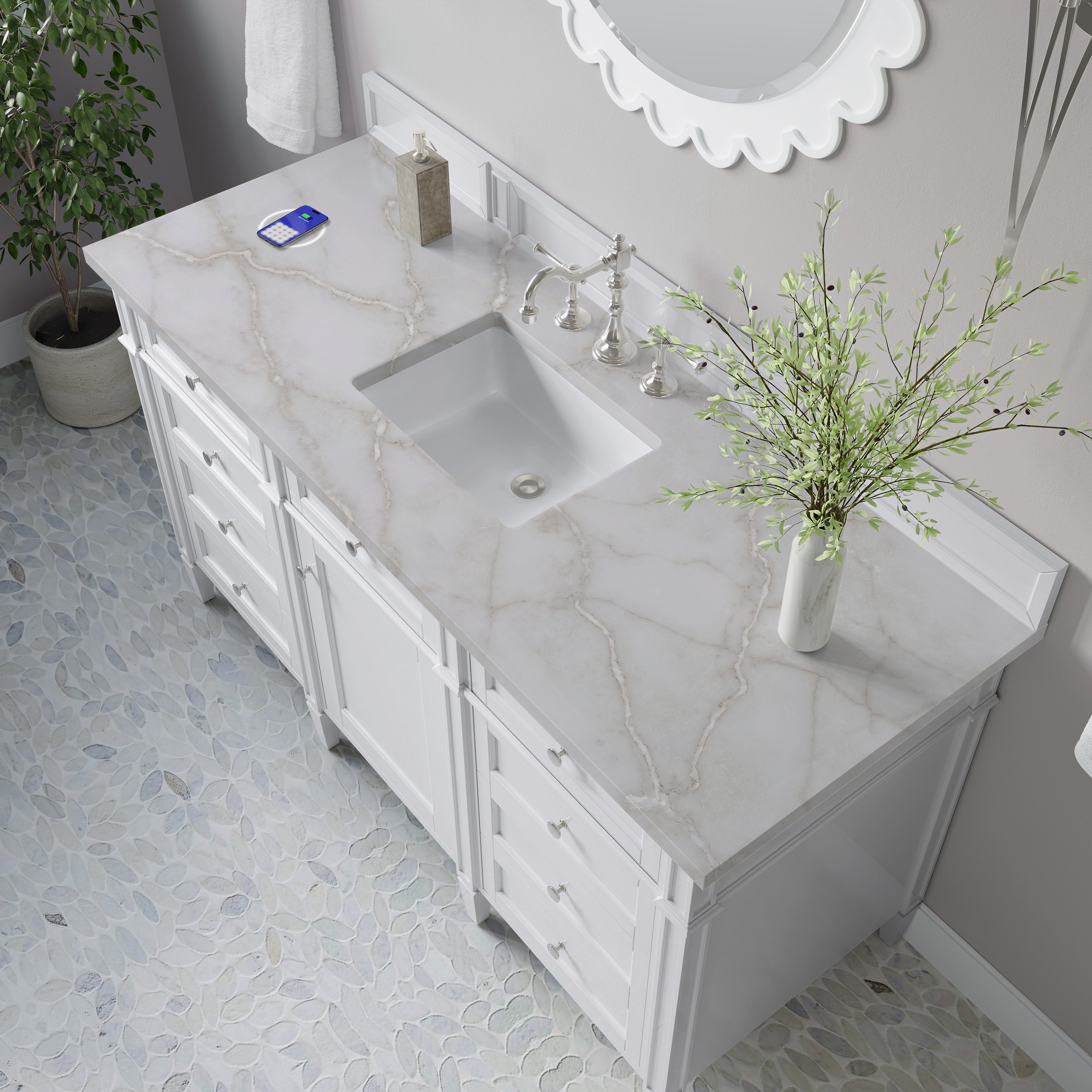 James Martin Brittany 60" Single Vanity in Bright White with 3cm Countertop and FreePower Wireless Charger