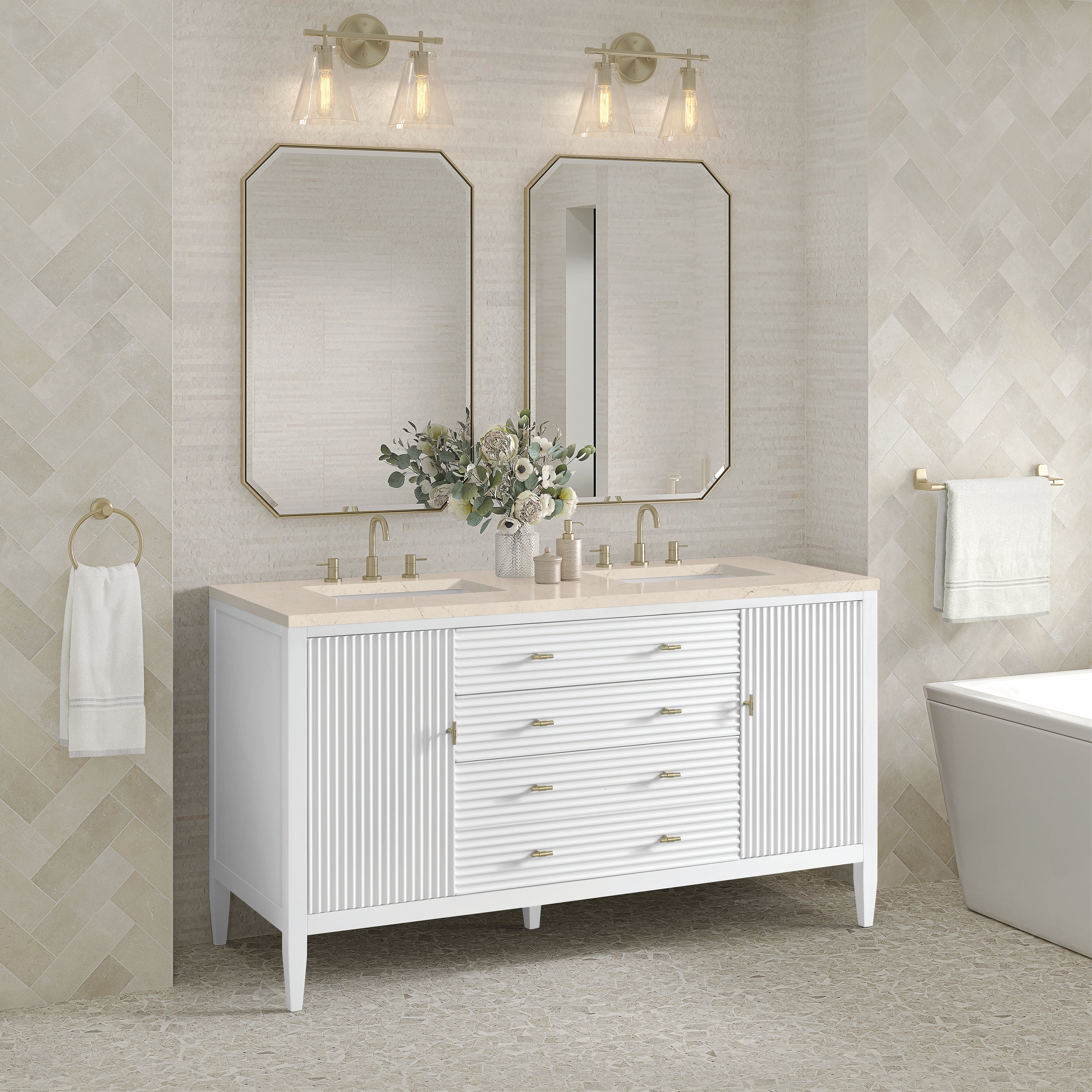 James Martin Myrrin 60" Double Vanity in Bright White with 3cm Countertop